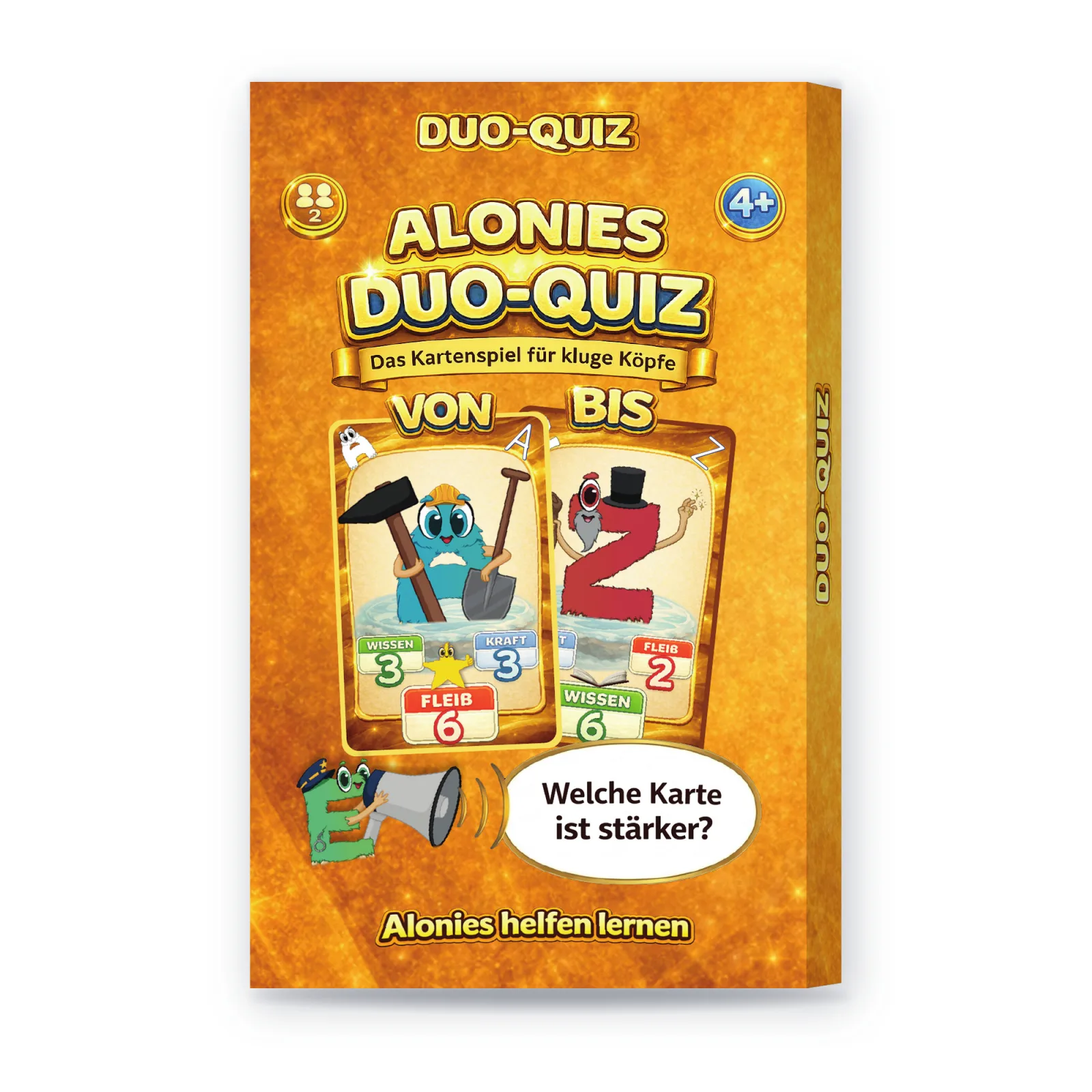 Schachtel Alonies Duo Quiz: Kartenspiel von A bis Z, ab 4 Jahren für 2 Spieler – Welche Karte ist stärker? Buchstaben selbstständig und spielerisch lernen.