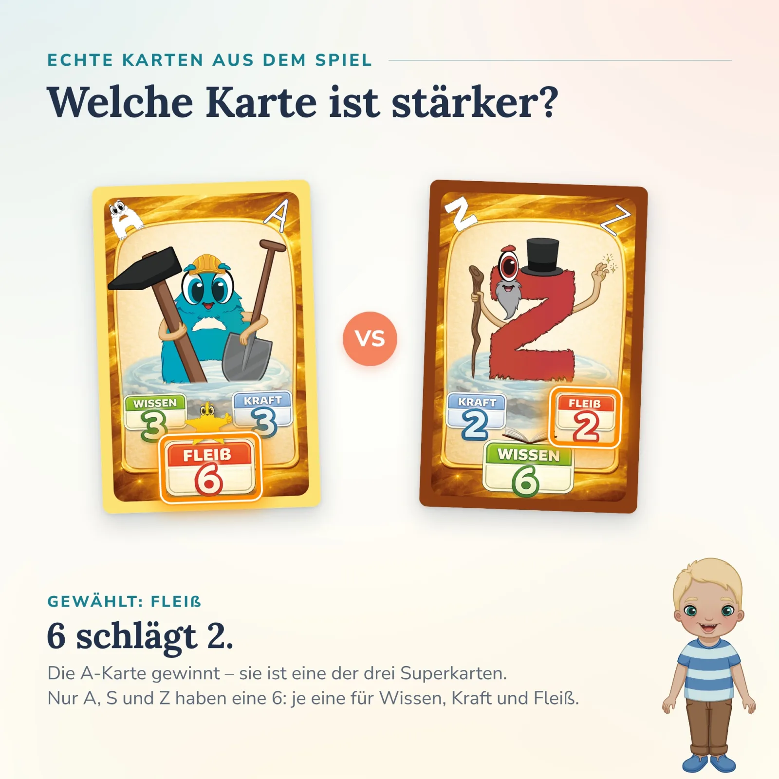 A-Karte gegen Z-Karte im Alonies Duo Quiz: Fleiß 6 schlägt 2, denn A, S und Z sind Superkarten – Kinder vergleichen Zahlen selbständig.