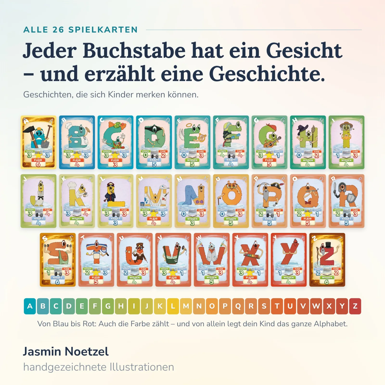 Alle 26 Karten des Alonies Duo Quiz von A bis Z, jeder Buchstabe als Figur, handgezeichnet von Jasmin Noetzel – das ABC selbstständig kennenlernen.