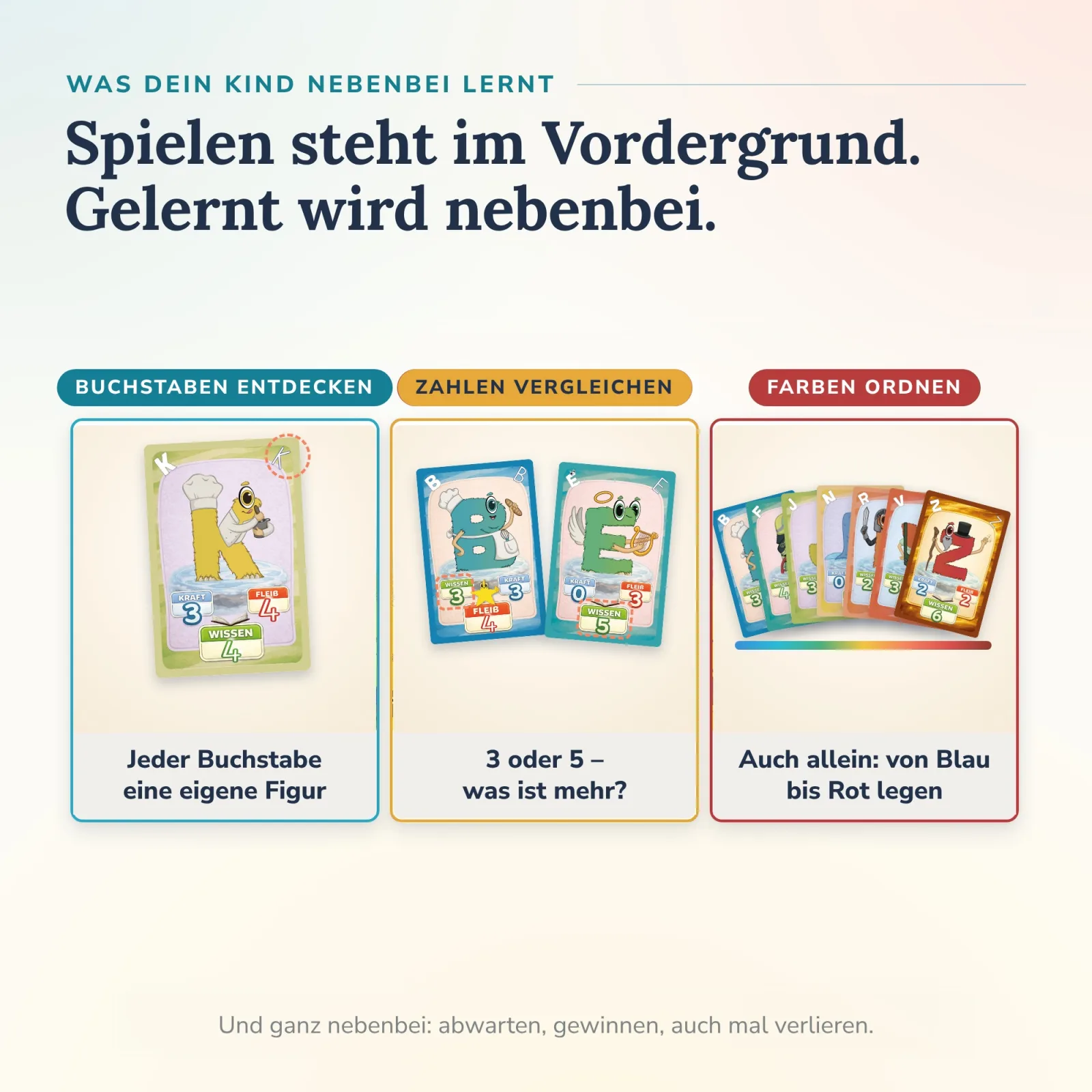 Was Kinder mit dem Alonies Duo Quiz nebenbei lernen: Buchstaben entdecken, Zahlen vergleichen, Karten von Blau bis Rot ordnen – selbstständig.