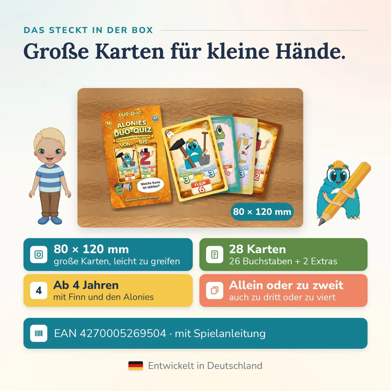 Inhalt der Box Alonies Duo Quiz: 28 Karten 80 × 120 mm, 26 Buchstaben und 2 Extras, mit Anleitung – große Karten für selbstständiges Spielen zu zweit.