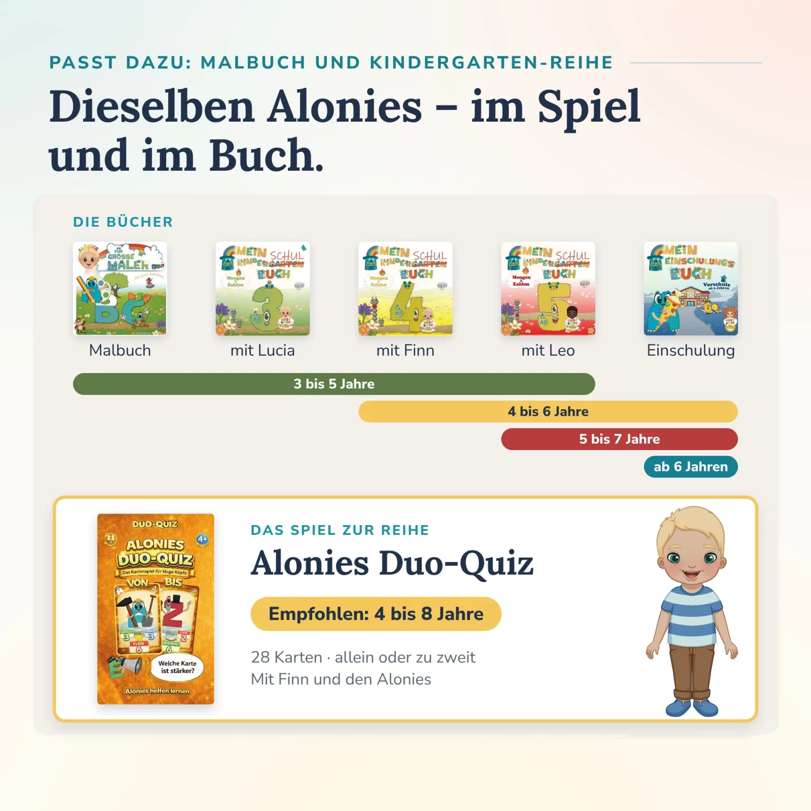 Alonies Duo Quiz neben Malbuch, Kindergartenbüchern mit Lucia, Finn, Leo und Einschulungsbuch – mit denselben Figuren selbständig weiterlernen.