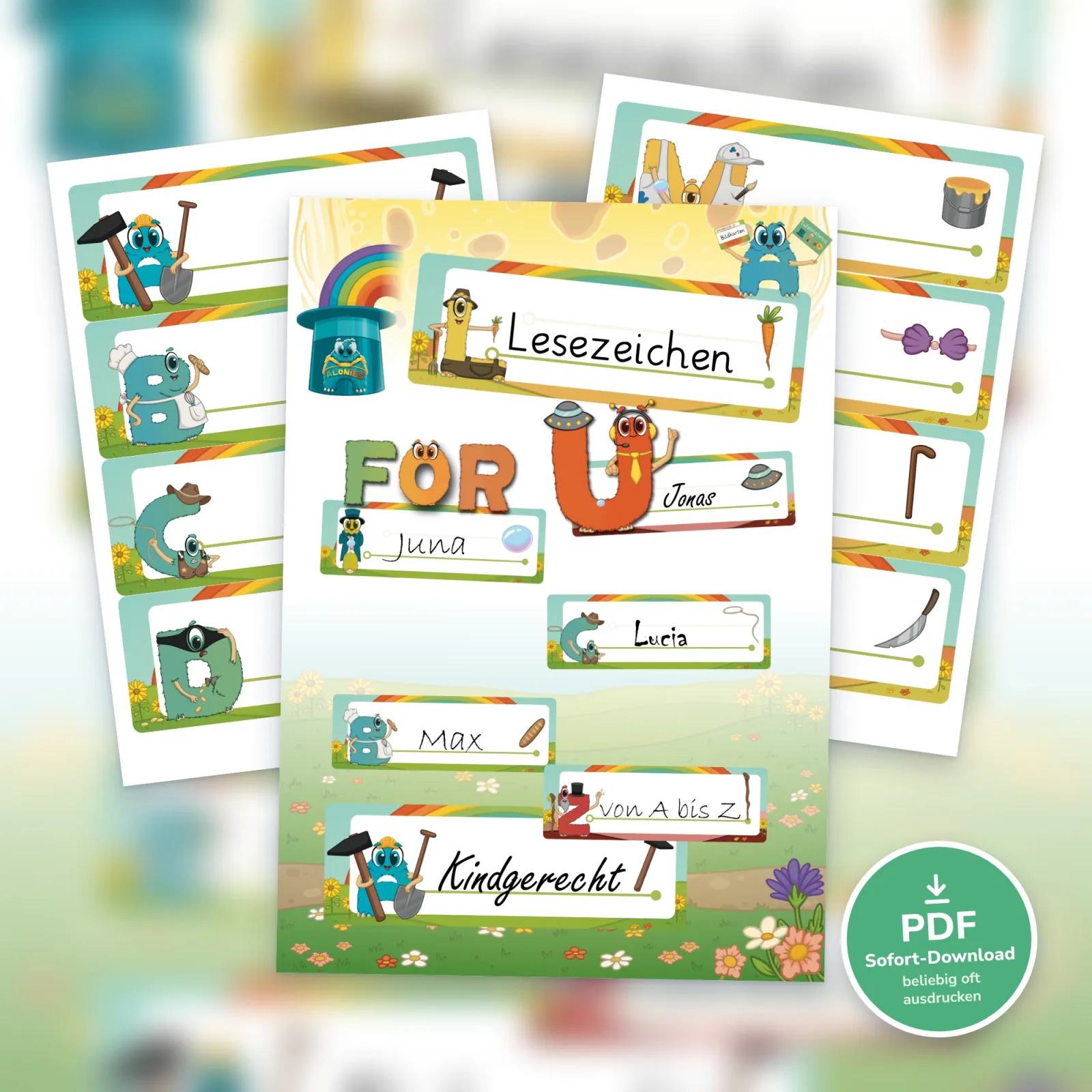 Alonies Buchstaben-Lesezeichen als PDF zum Ausdrucken: Lesezeichen mit Namen wie Juna, Max und Lucia, für Kinder ab 3 Jahren zum selbstständigen Entdecken.