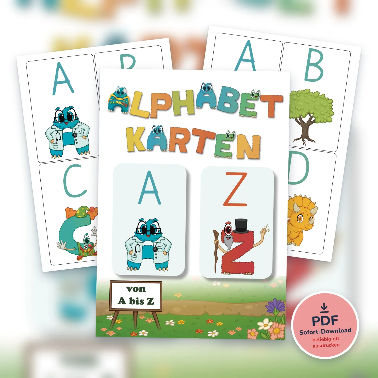 Alphabetkarten A bis Z von Alonies als PDF: A wie Arzt bis Z wie Zauberer – Kinder ab 5 Jahren lernen Buchstaben und Anlaute selbstständig.