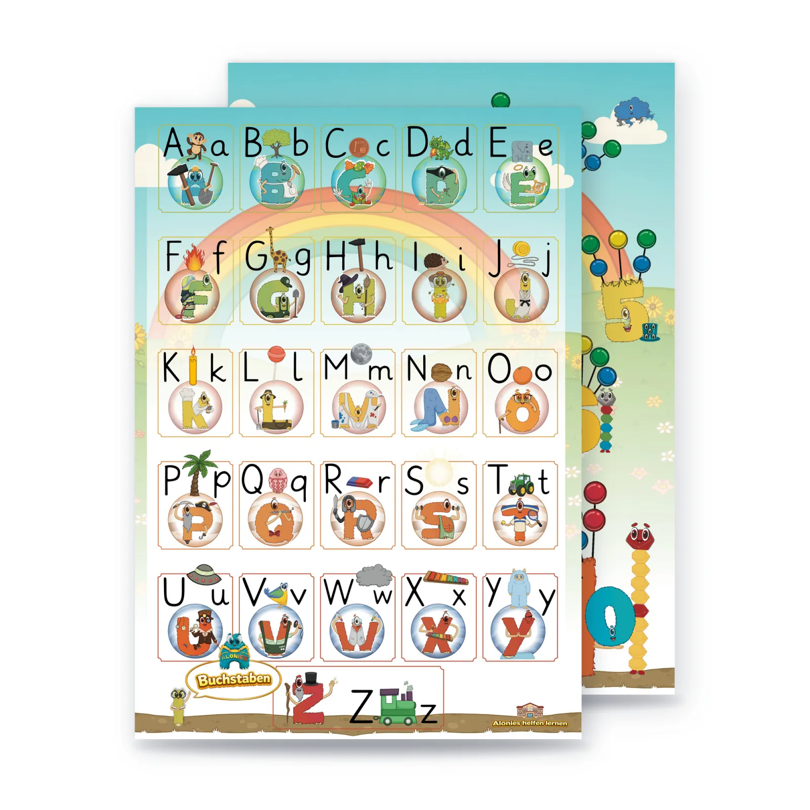 Alonies ABC-Lernplakat mit Buchstaben A–Z als Figuren und Anlautbildern, dahinter das Zahlenplakat 0–10 – ab 3 Jahren, selbstständig und spielerisch.