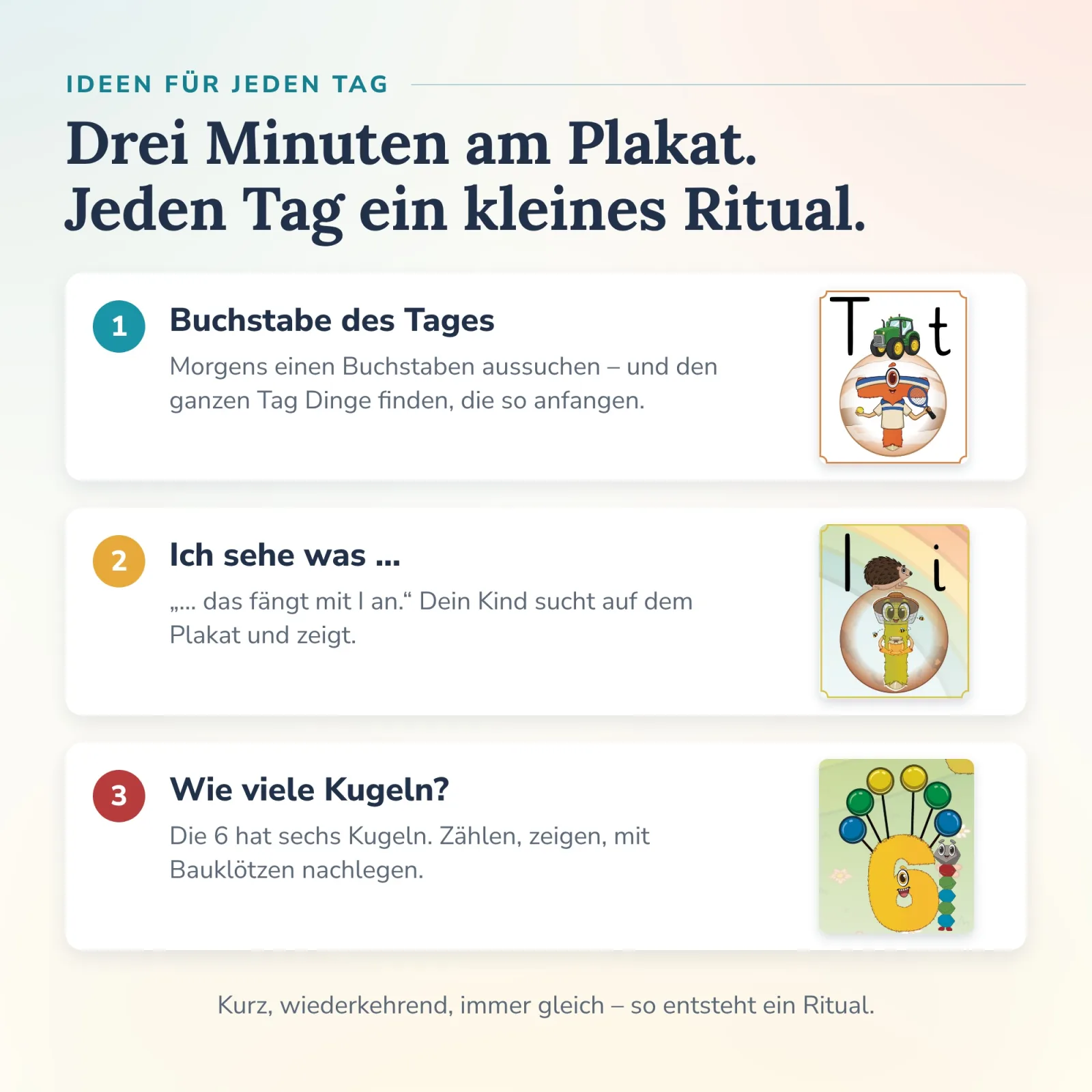 Ideen für jeden Tag am Alonies Lernplakat: Buchstabe des Tages, Ich sehe was mit I, Kugeln an der 6 zählen – Rituale für selbständiges Üben.