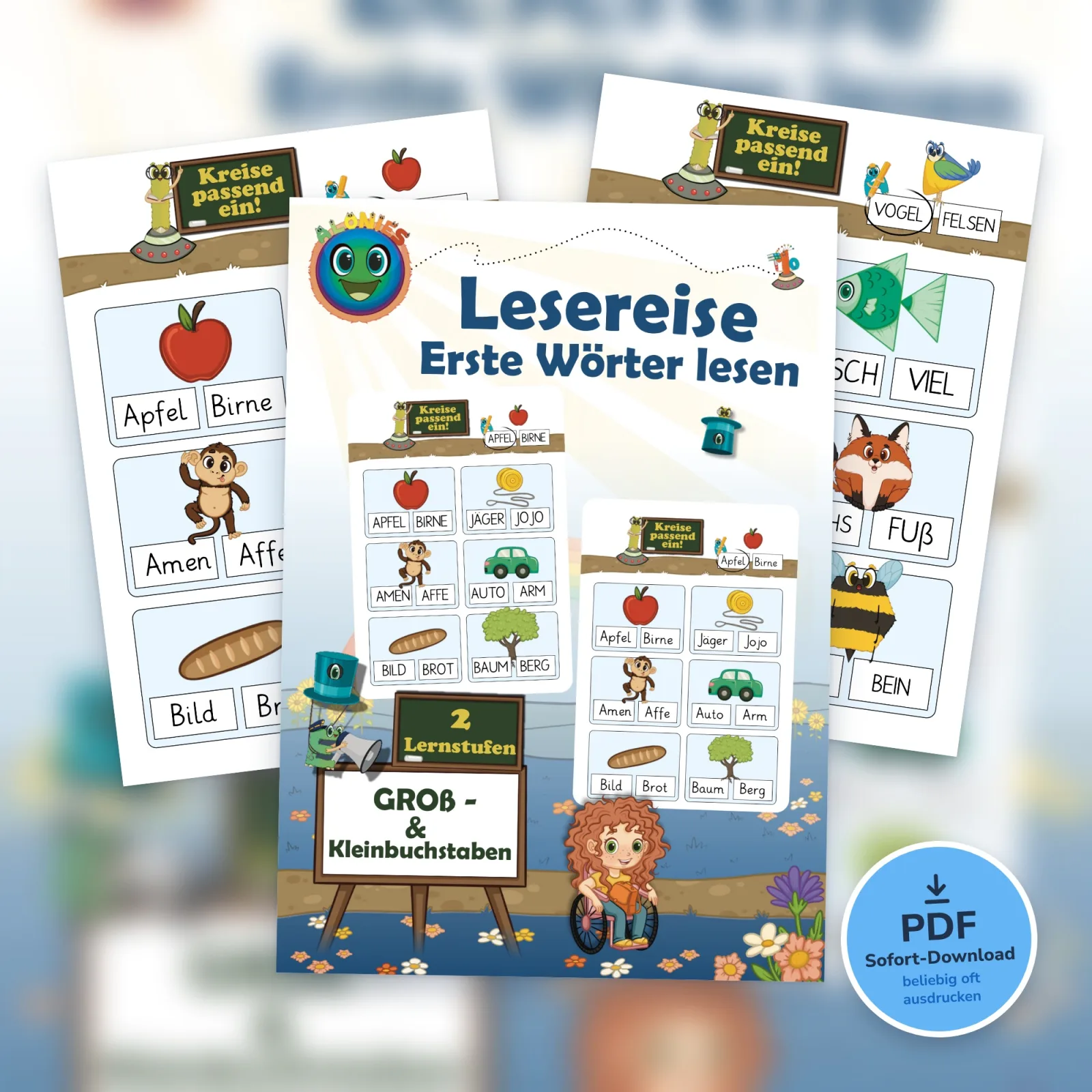 Lesereise Erste Wörter lesen von Alonies mit Sofia: Leseheft als PDF ab 6 Jahren mit Groß- und Kleinbuchstaben, um selbstständig lesen zu lernen.