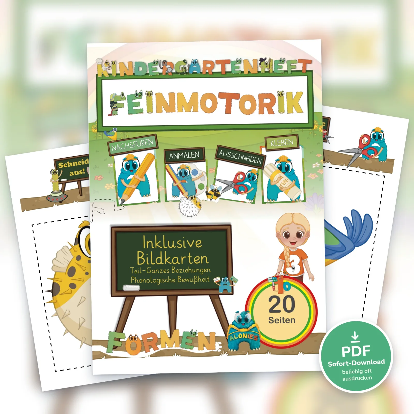 Kindergartenheft Feinmotorik Formen von Alonies mit Lucia und AYUDi: PDF ab 3 Jahren, um Formen beim Basteln selbstständig zu lernen.