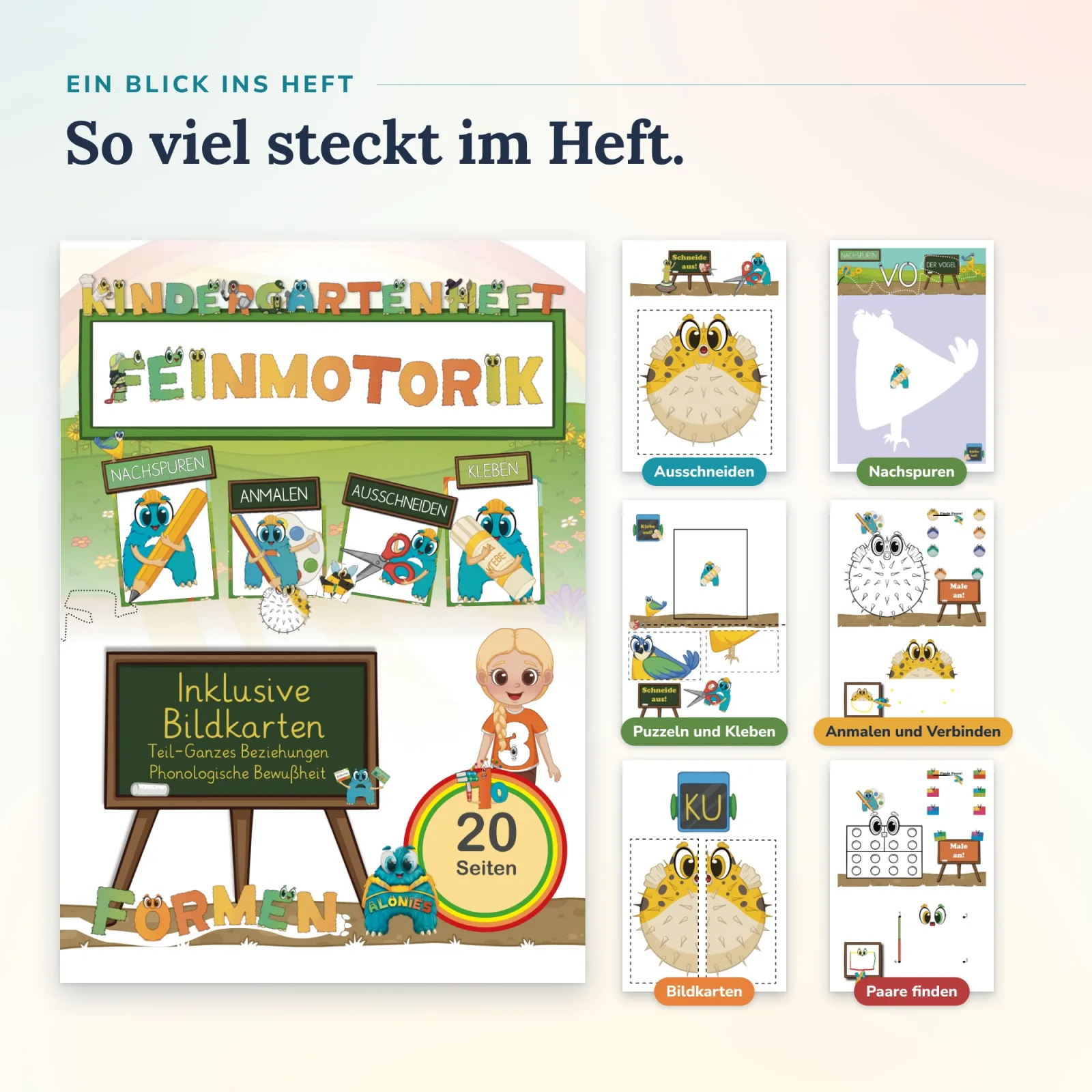 Titelseite und Beispielseiten: Kugelfisch ausschneiden, Vogel nachspuren, puzzeln, kleben, anmalen – Alonies Bastelheft für selbständiges Arbeiten.