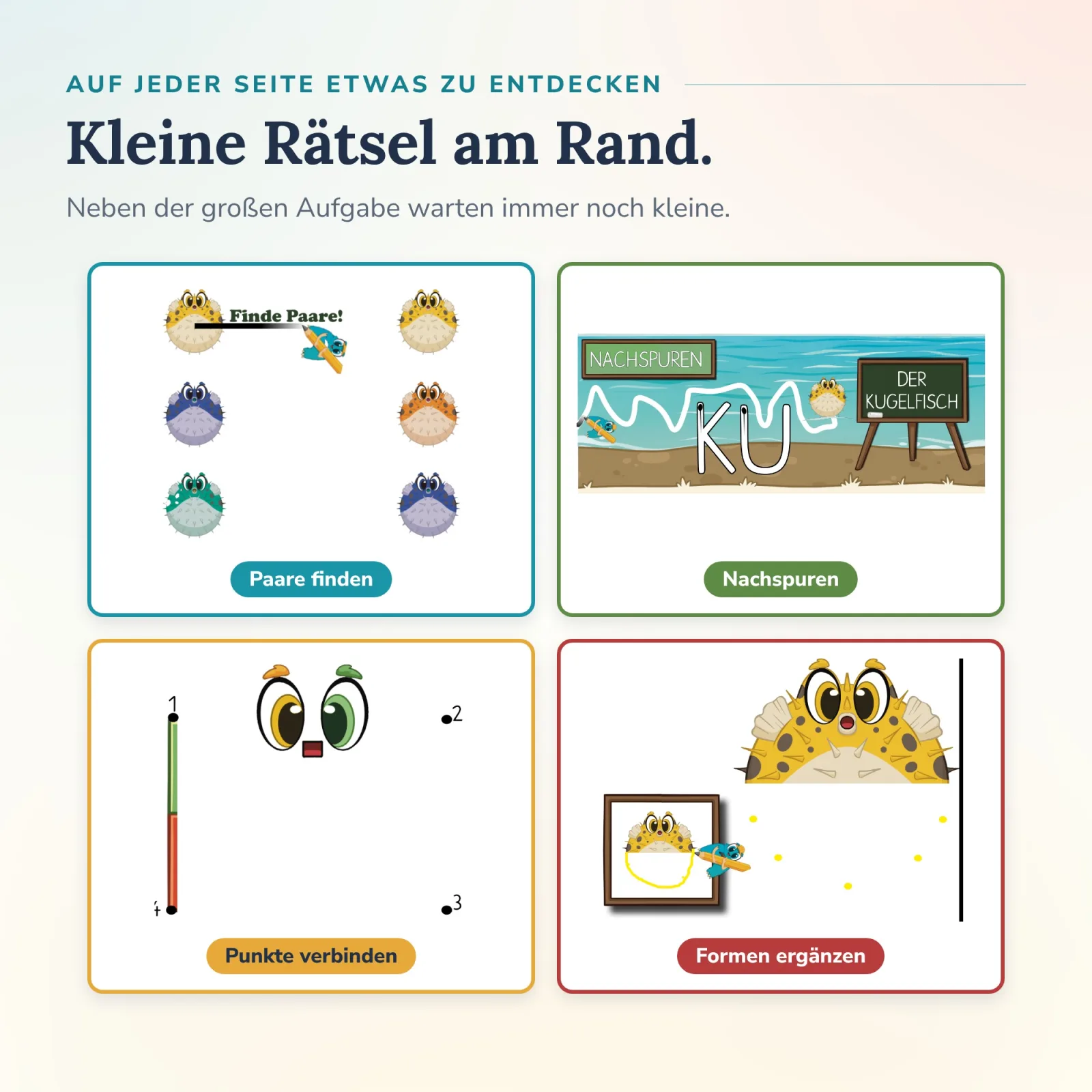 Kleine Rätsel am Seitenrand: Kugelfische verbinden, KU nachspuren, Punkte zum Viereck verbinden – im Alonies Formenheft spielerisch und selbstständig.