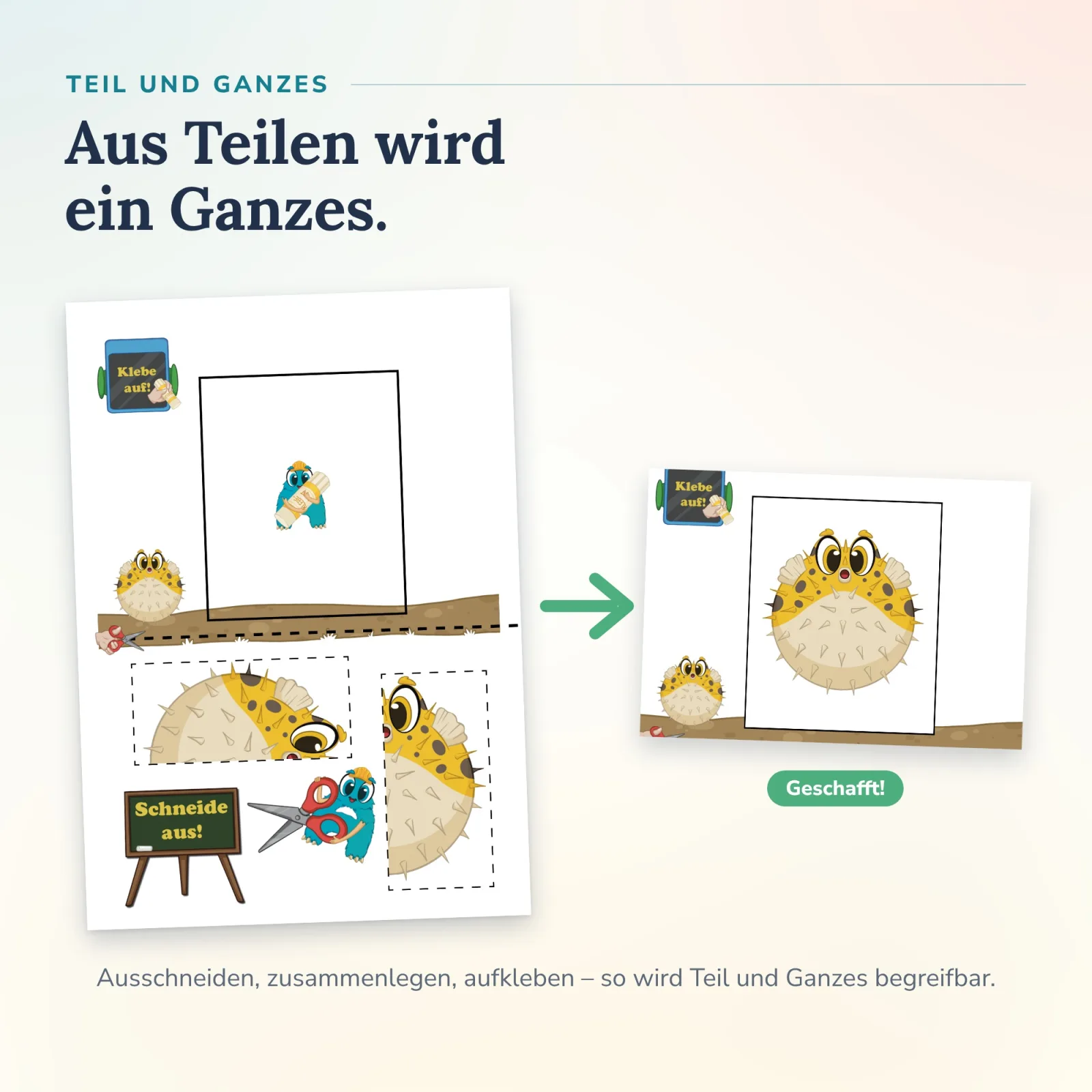 Kugelfisch in zwei Teilen ausschneiden und zum ganzen Fisch kleben: Teil und Ganzes im Alonies Bastelheft selbstständig und spielerisch begreifen.