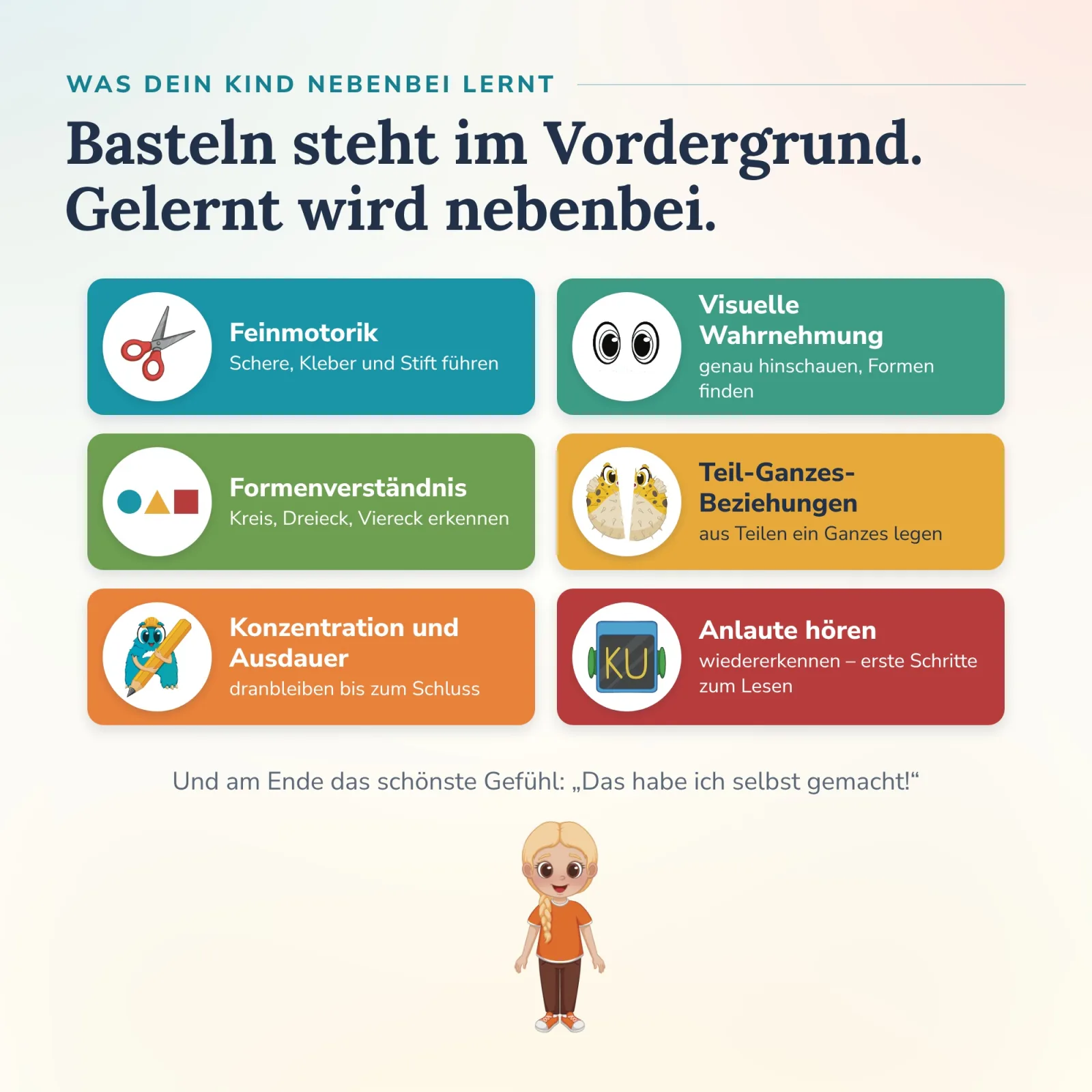 Was Kinder mit dem Alonies Formenheft lernen: Feinmotorik, Kreis, Dreieck und Viereck, Teil und Ganzes, Anlaute – selbstständig mit Lucia.