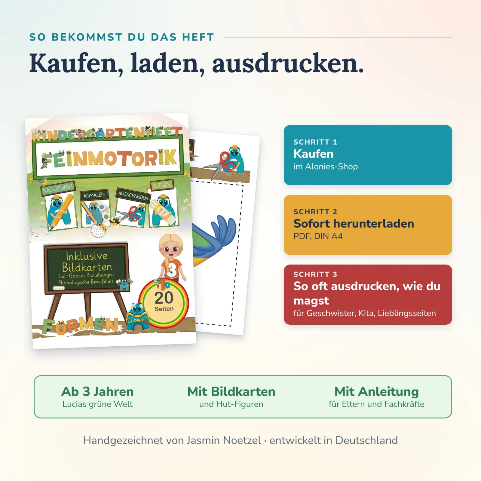 Alonies Kindergartenheft Feinmotorik Formen als PDF in DIN A4, handgezeichnet von Jasmin Noetzel – kaufen, laden, drucken, selbstständig nutzen.