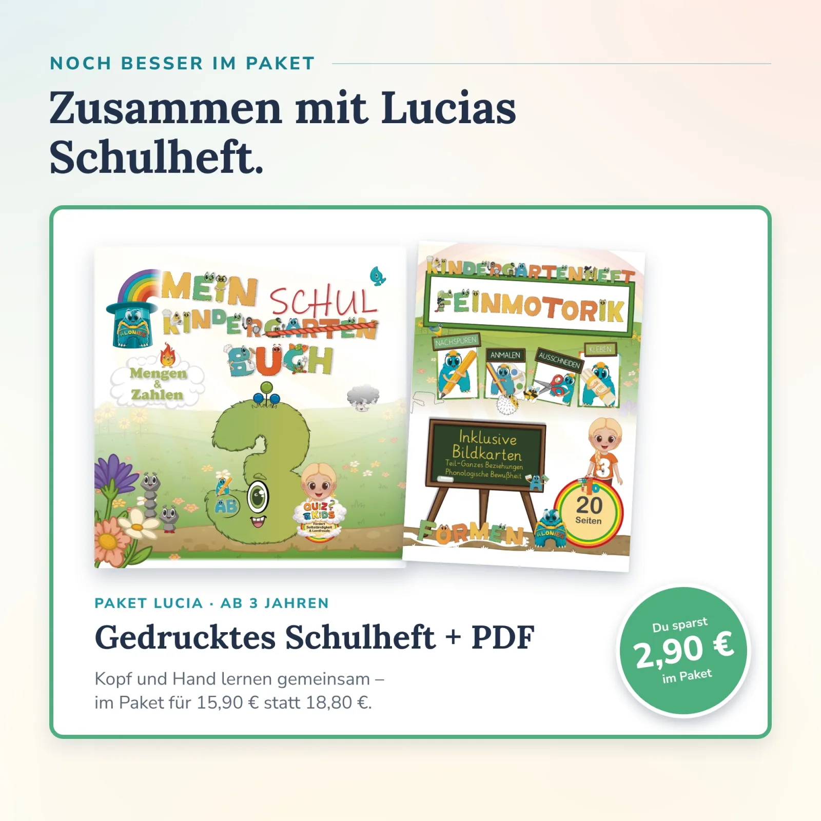 Paket Lucia von Alonies ab 3 Jahren: gedrucktes Schulheft Mengen & Zahlen plus Kindergartenheft Feinmotorik als PDF – selbständig und spielerisch.