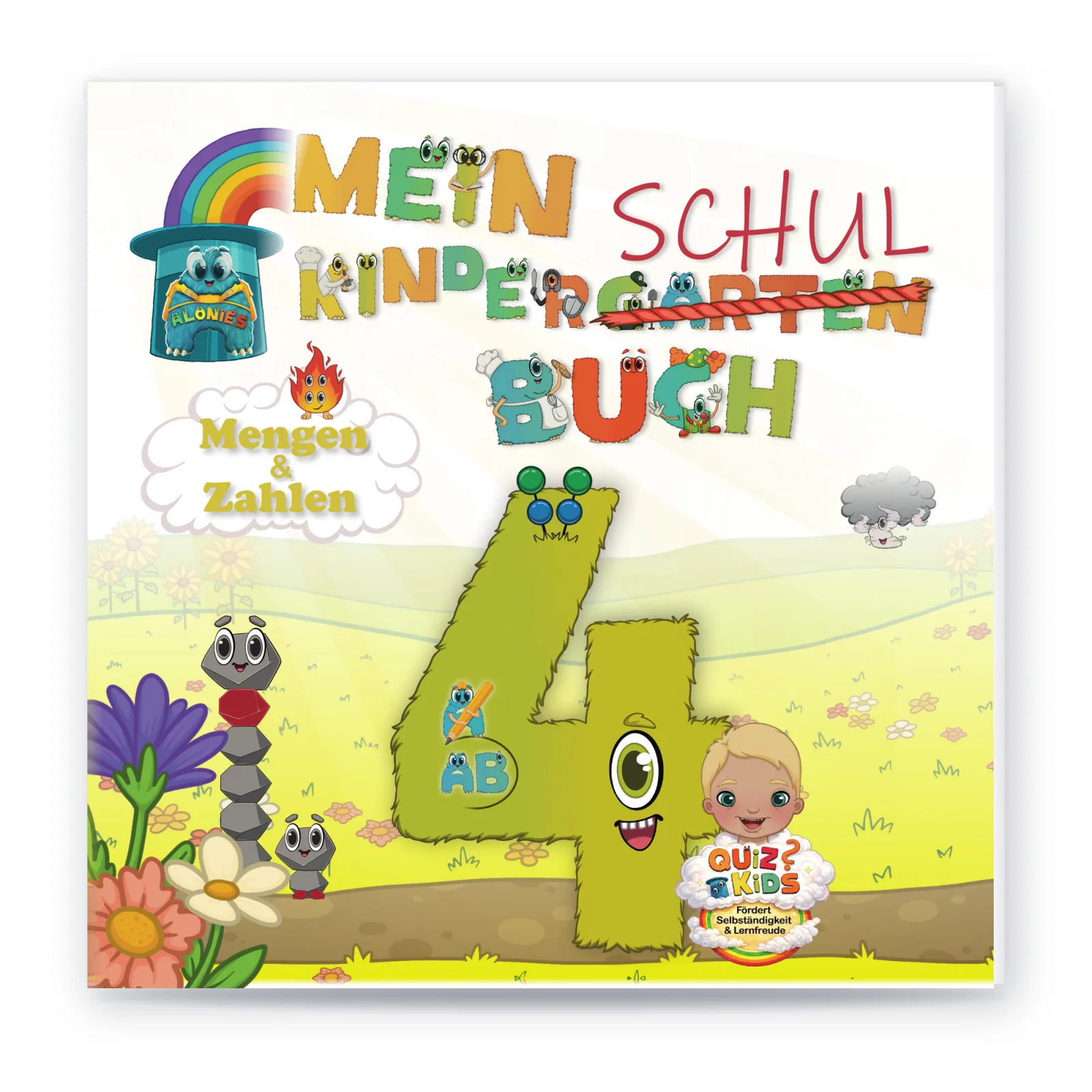 Titelseite QuizKids Finn von Alonies mit Zahl 4 und Finn: Lernheft ab 4 Jahren, um Mengen und Zahlen bis 6 selbstständig und spielerisch zu üben.