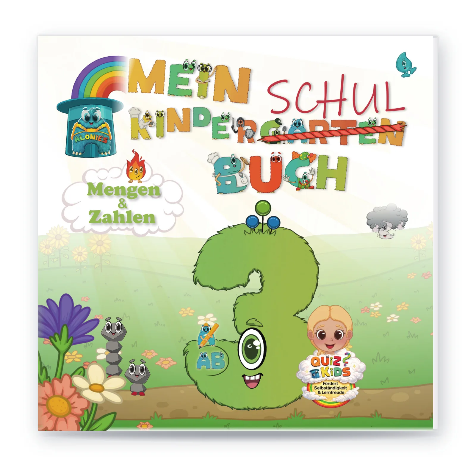 Cover QuizKids Lucia von Alonies mit Regenbogenhut und Zahl 3: Lernheft ab 3 Jahren zum selbstständigen Üben von Mengen und Zahlen bis 4.