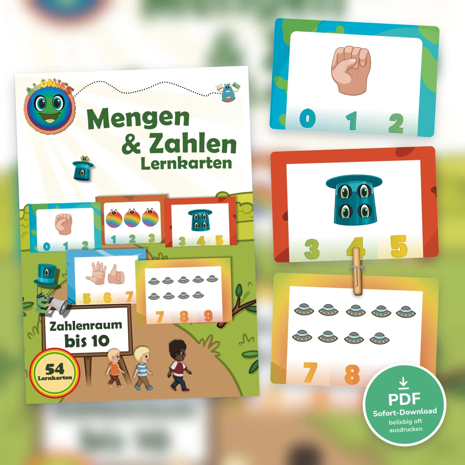 Lernkarten Mengen erkennen von Alonies: Klammerkarten zum Ausdrucken, mit denen Kinder ab 3 Jahren Mengen und Zahlen bis 10 selbstständig lernen.