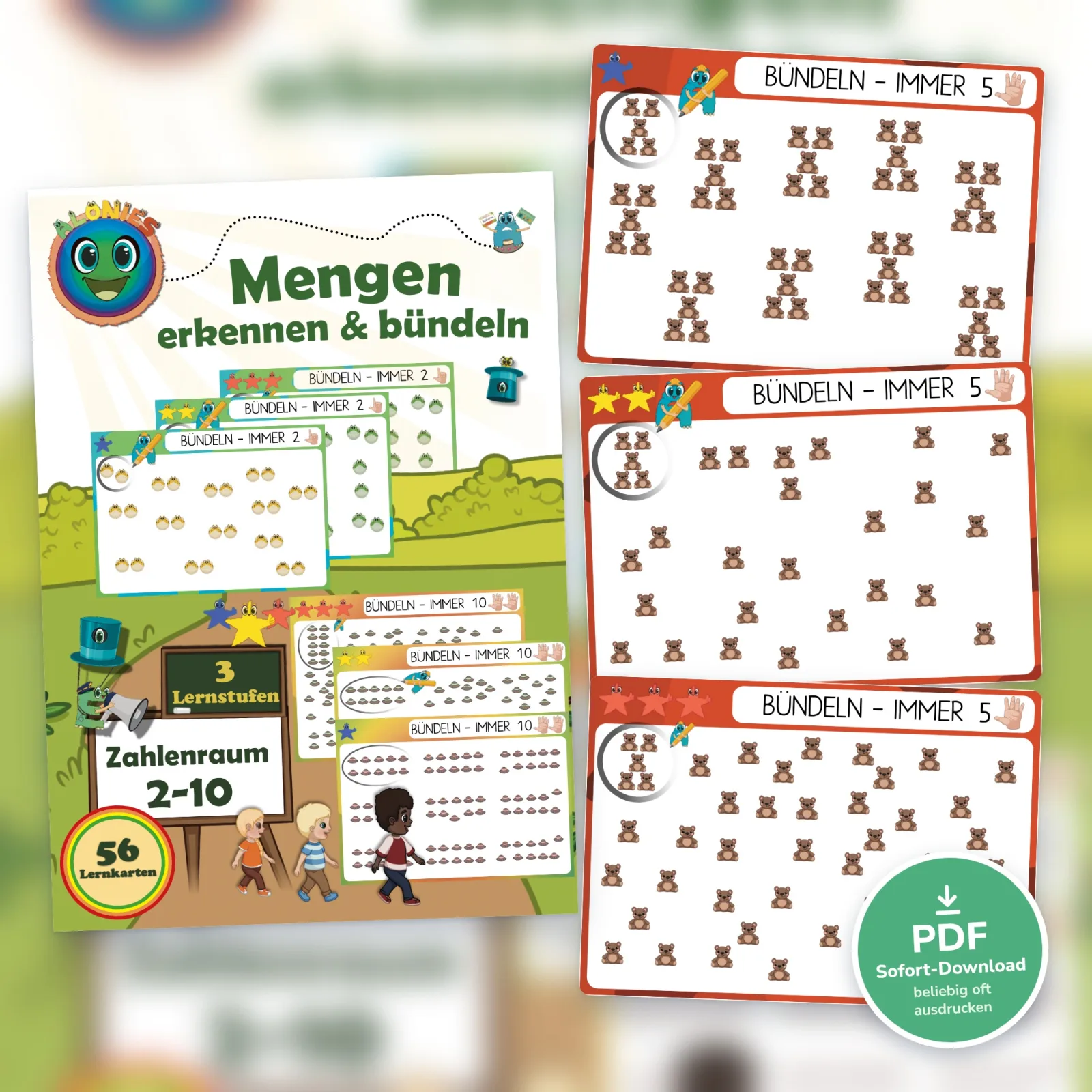 Lernkarten Mengen erkennen und bündeln von Alonies als PDF: Bündelkarten im Zahlenraum 2 bis 10 für Kinder ab 3 Jahren, selbstständig und spielerisch.