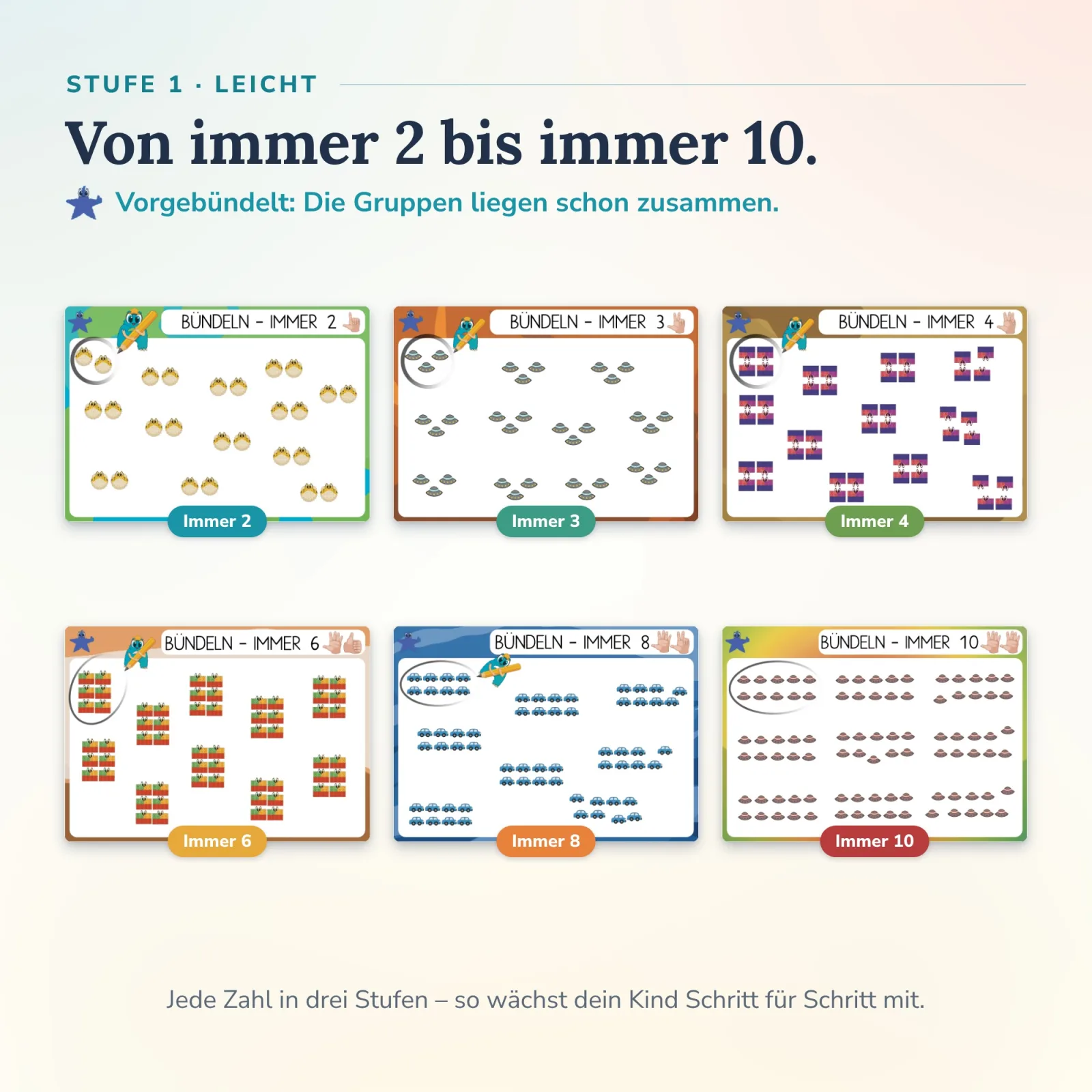 Stufe leicht mit blauem Stern: vorgebündelte Kugelfische, Ufos und Autos von immer 2 bis immer 10 – Alonies Mengen bündeln selbständig und spielerisch.