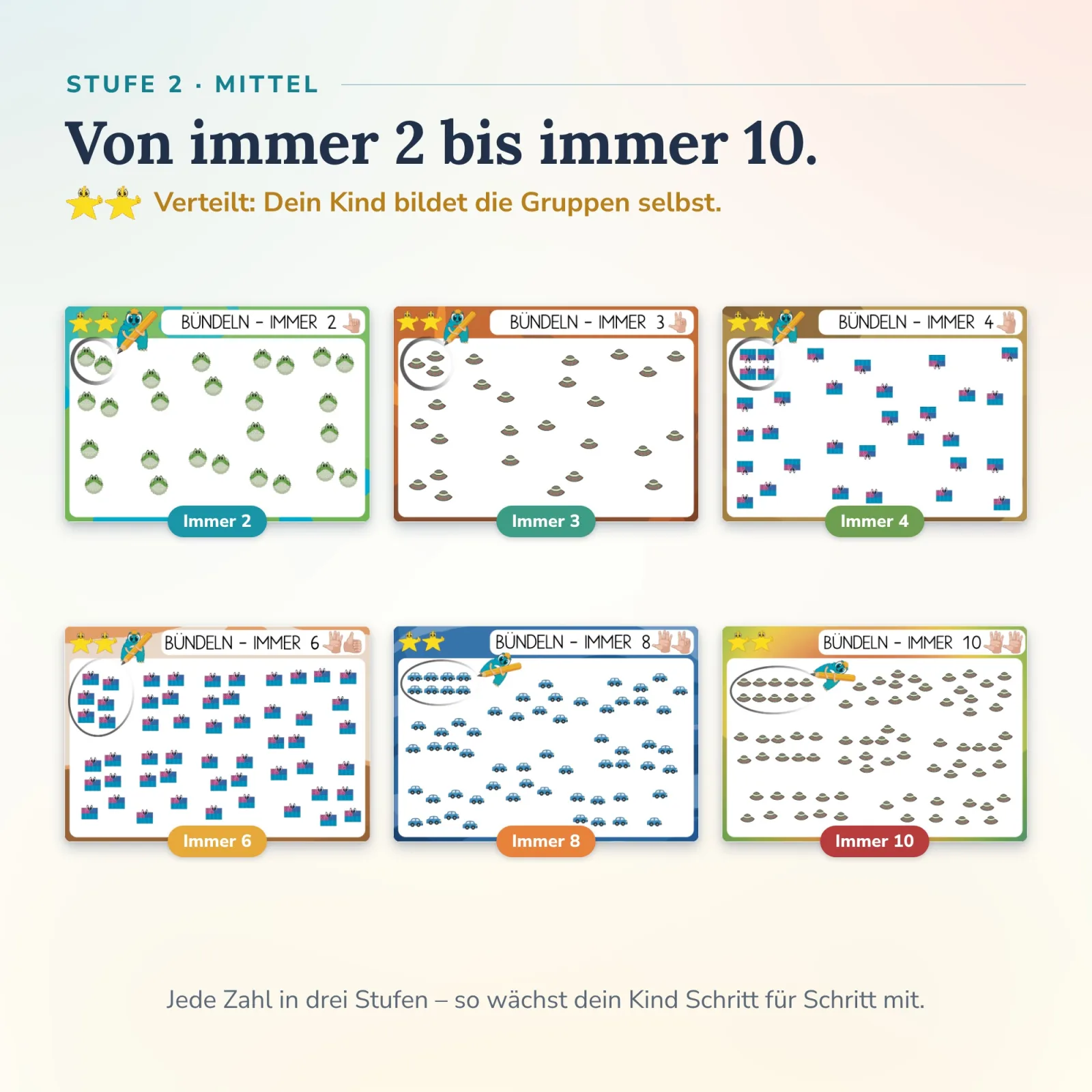 Stufe mittel mit gelben Sternen: Die Teile liegen verteilt, das Kind bildet Gruppen von immer 2 bis immer 10 selbstständig – Alonies Lernkarten.
