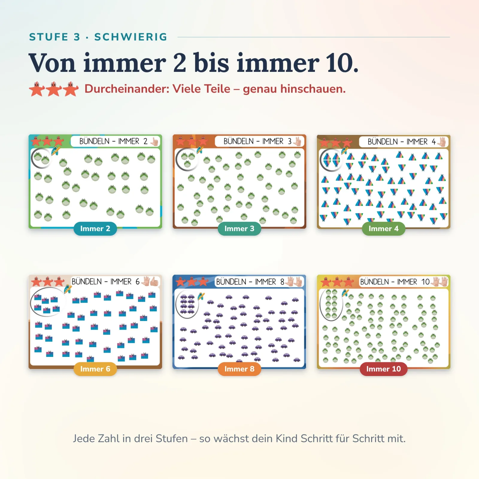 Stufe schwierig mit roten Sternen: viele Kugelfische, Autos und Formen durcheinander – genau hinschauen und selbständig bündeln mit den Alonies Lernkarten.