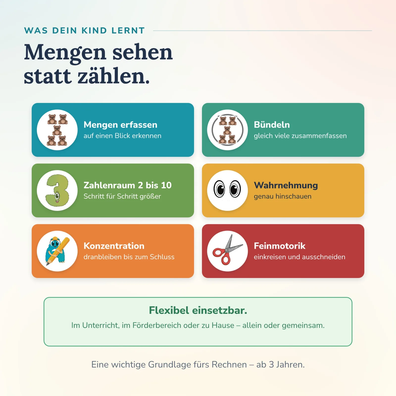 Was Kinder mit den Alonies Bündelkarten lernen: Mengen auf einen Blick erfassen, gleich viele zusammenfassen, Zahlenraum 2 bis 10 – selbstständig.