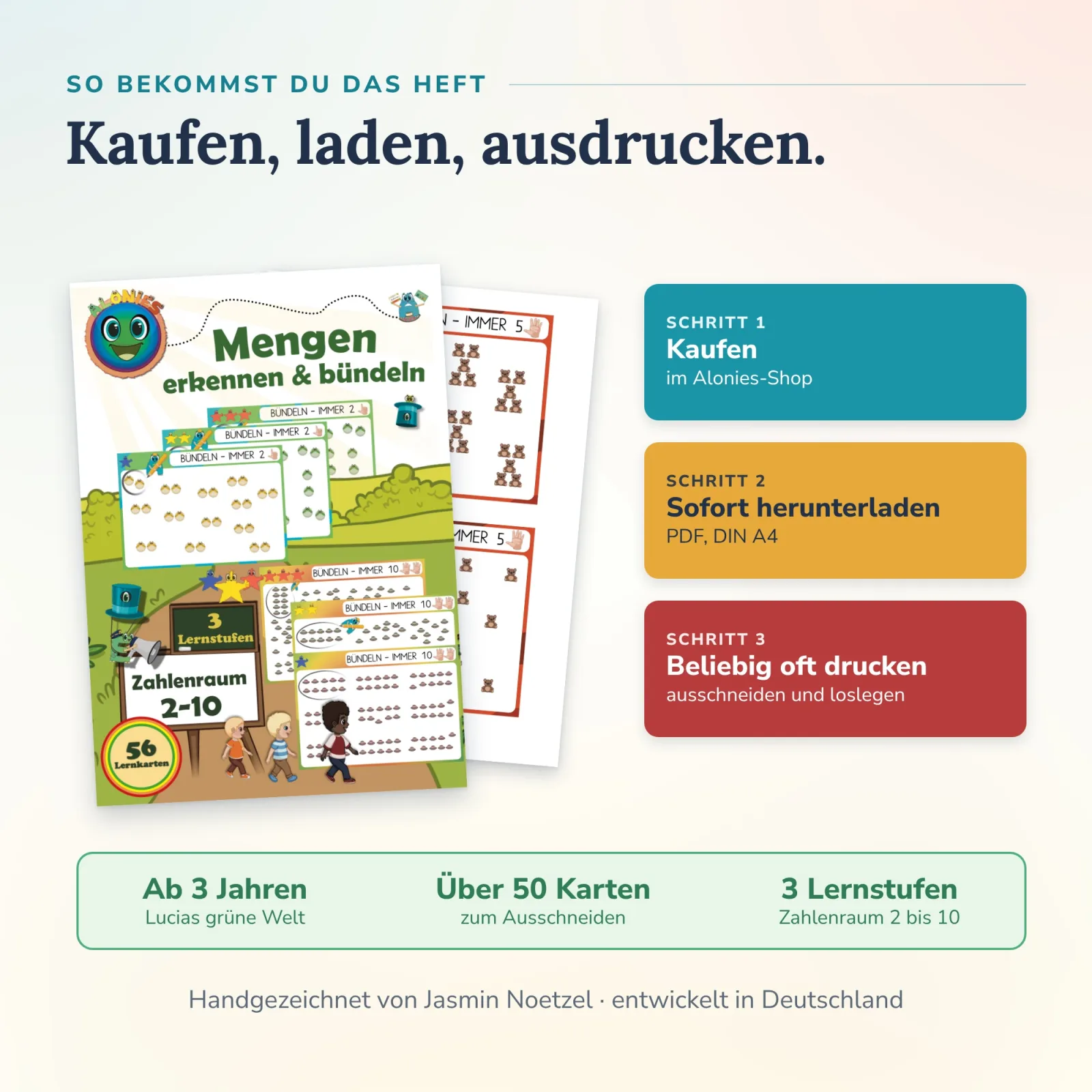 Alonies Lernkarten Mengen erkennen und bündeln als PDF in DIN A4: kaufen, herunterladen, ausschneiden – Karten zum selbstständigen Üben ab 3 Jahren.