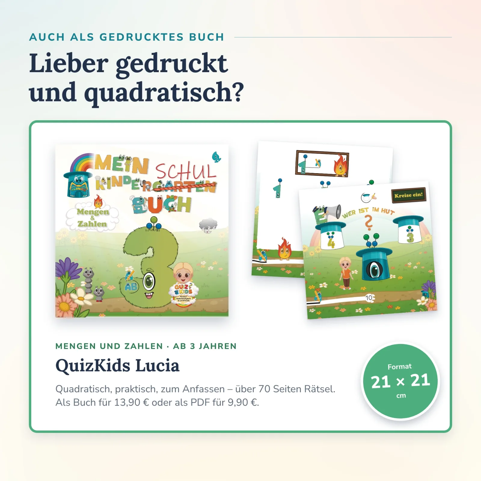 Gedrucktes Buch QuizKids Lucia von Alonies ab 3 Jahren, 21 × 21 cm: über 70 Seiten Rätsel zu Mengen und Zahlen für selbständiges, spielerisches Lernen.