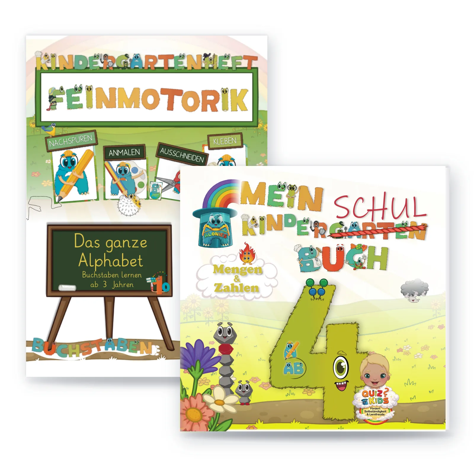 Paket Finn von Alonies: Schul-Kindergarten-Buch mit gelber 4 und Feinmotorik-Heft Das ganze Alphabet – Buchstaben und Zahlen selbstständig lernen ab 4 Jahren.