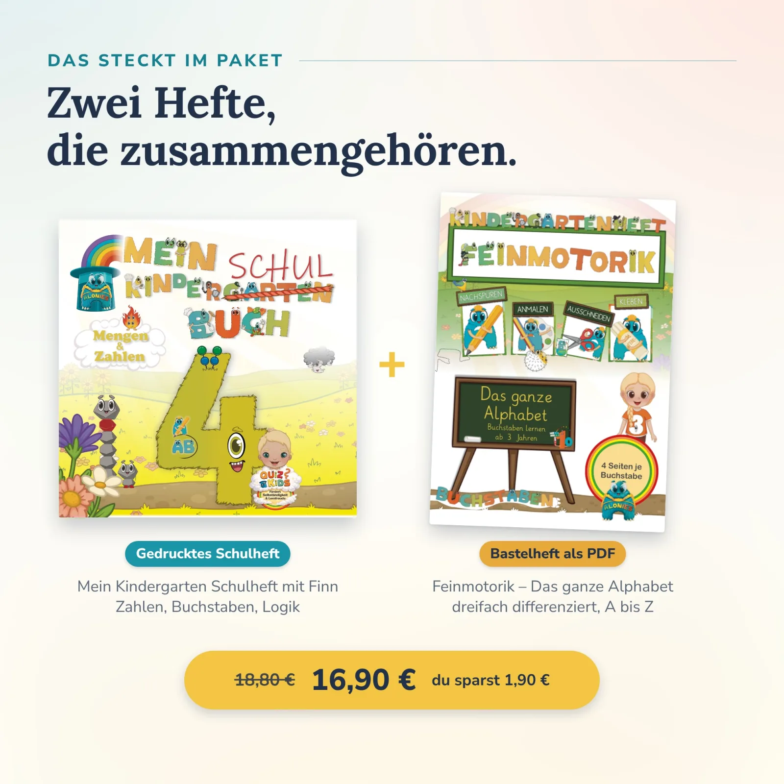 Inhalt Paket Finn: gedrucktes Schulheft mit Finn zu Zahlen, Buchstaben und Logik plus Alphabet-Bastelheft als PDF von A bis Z. Selbständig lernen mit Alonies.