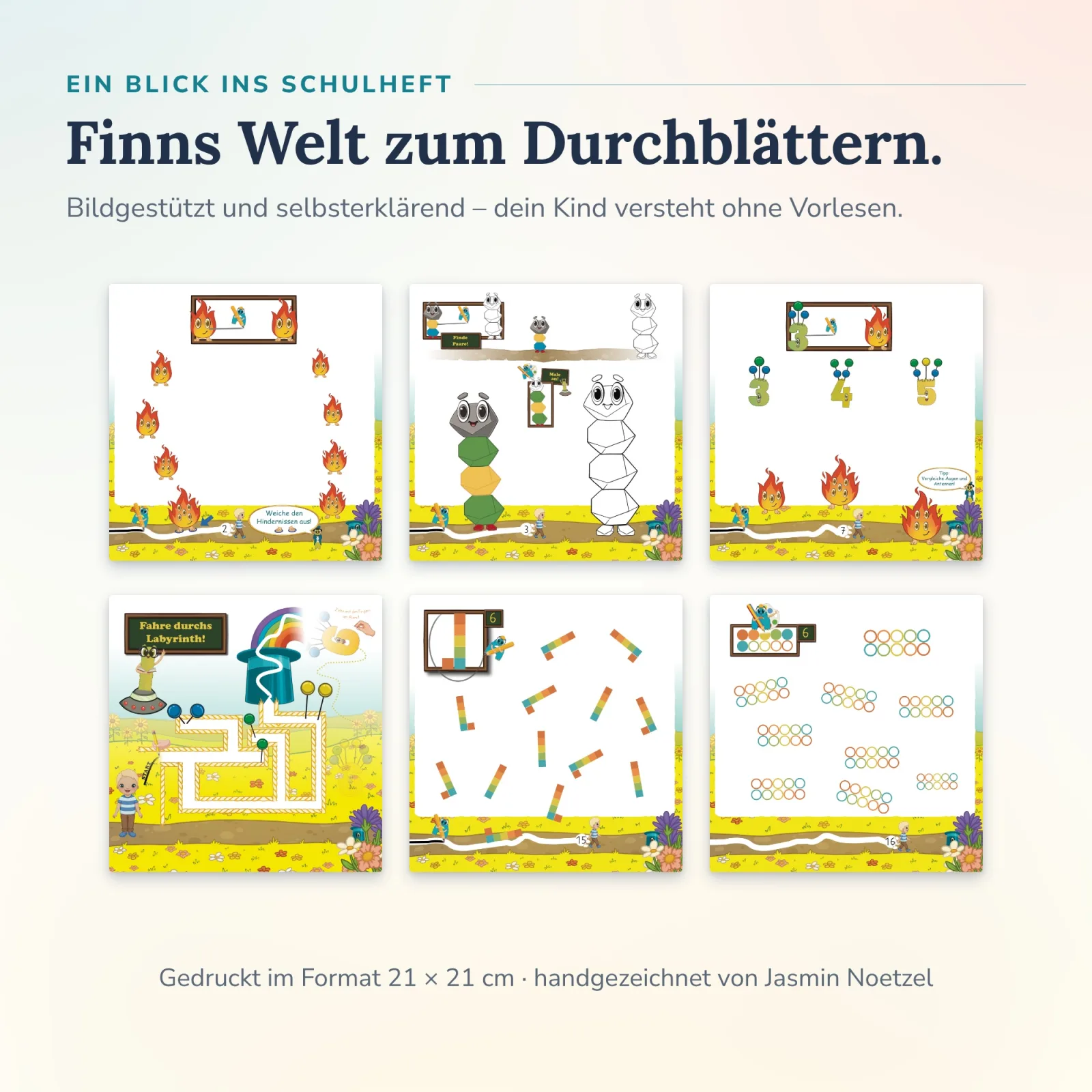 Finns Welt im Alonies Paket Finn: Paare finden, Zahlen 3 bis 5, Labyrinth, Ringe zählen – handgezeichnet von Jasmin Noetzel, selbstständig lösbar.