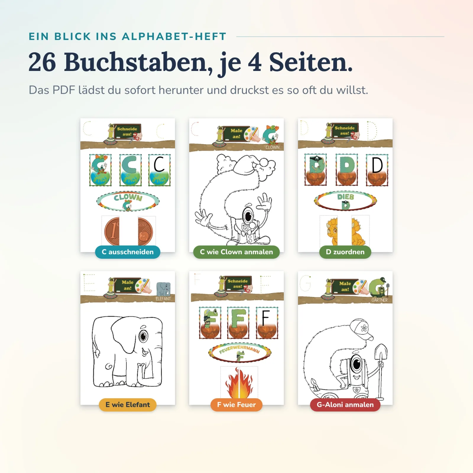 Alphabet-Heft im Alonies Paket Finn: 26 Buchstaben je 4 Seiten, etwa C ausschneiden, C wie Clown anmalen, F wie Feuer – selbstständig und spielerisch lernen.