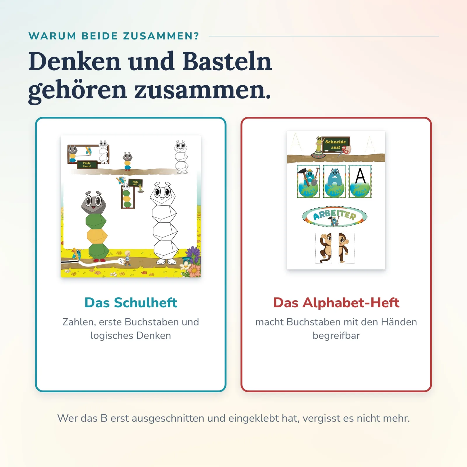 Schulheft und Alphabet-Heft im Paket Finn: Zahlen und logisches Denken im Buch, A wie Affe zum Ausschneiden und Kleben im PDF – selbstständig begreifen mit Alonies.