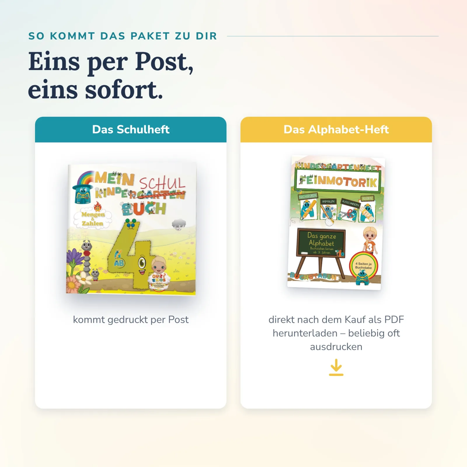 So kommt das Paket Finn: Alonies Schulheft gedruckt per Post, das Alphabet-Heft Feinmotorik sofort als PDF zum beliebig oft Ausdrucken für selbstständiges Üben zu Hause.
