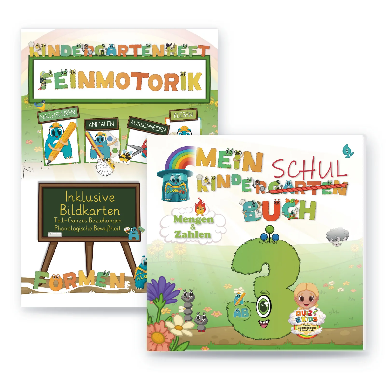 Paket Lucia von Alonies: Schul-Kindergarten-Buch Mengen & Zahlen mit grüner 3 und Kindergartenheft Feinmotorik Formen mit Bildkarten – selbstständig lernen ab 3 Jahren.