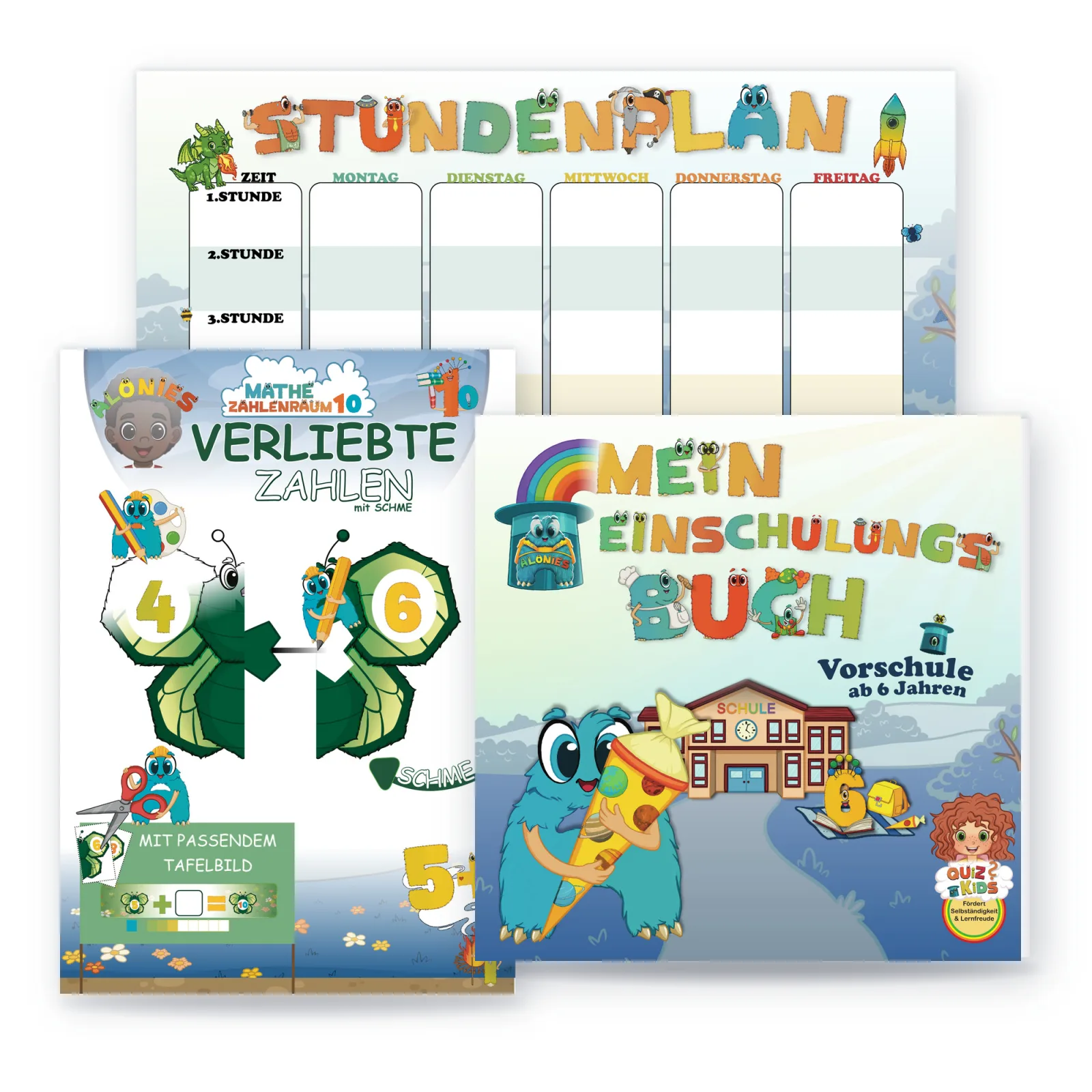 Paket Sofia Schulstarter Set von Alonies: Mein Einschulungsbuch, Verliebte Zahlen mit Schme im Zahlenraum 10 und Stundenplan – selbstständig in die Schule starten.