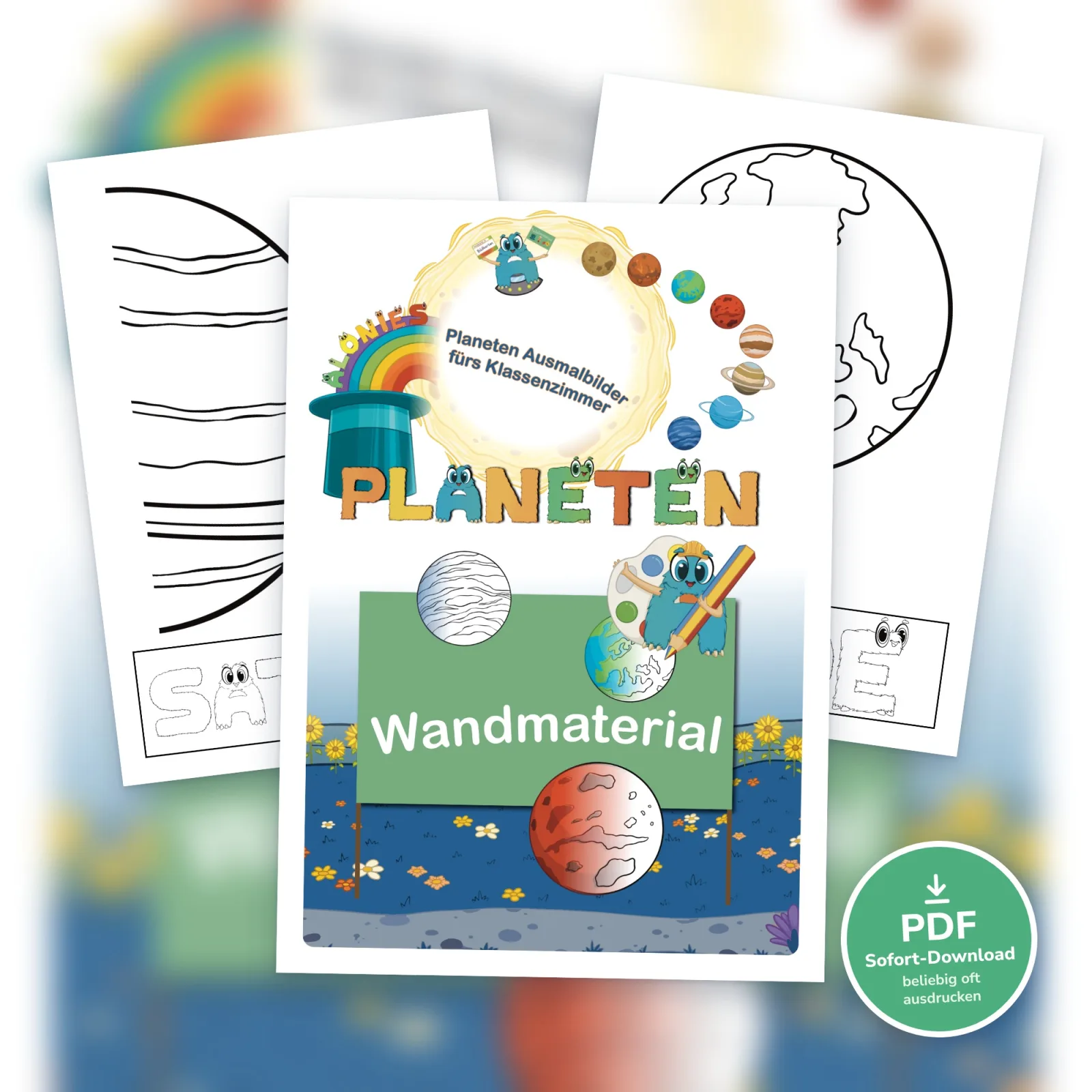 Planeten Ausmalbilder von Alonies als PDF: Wandmaterial fürs Klassenzimmer, mit dem Kinder ab 3 Jahren das Sonnensystem selbstständig entdecken.