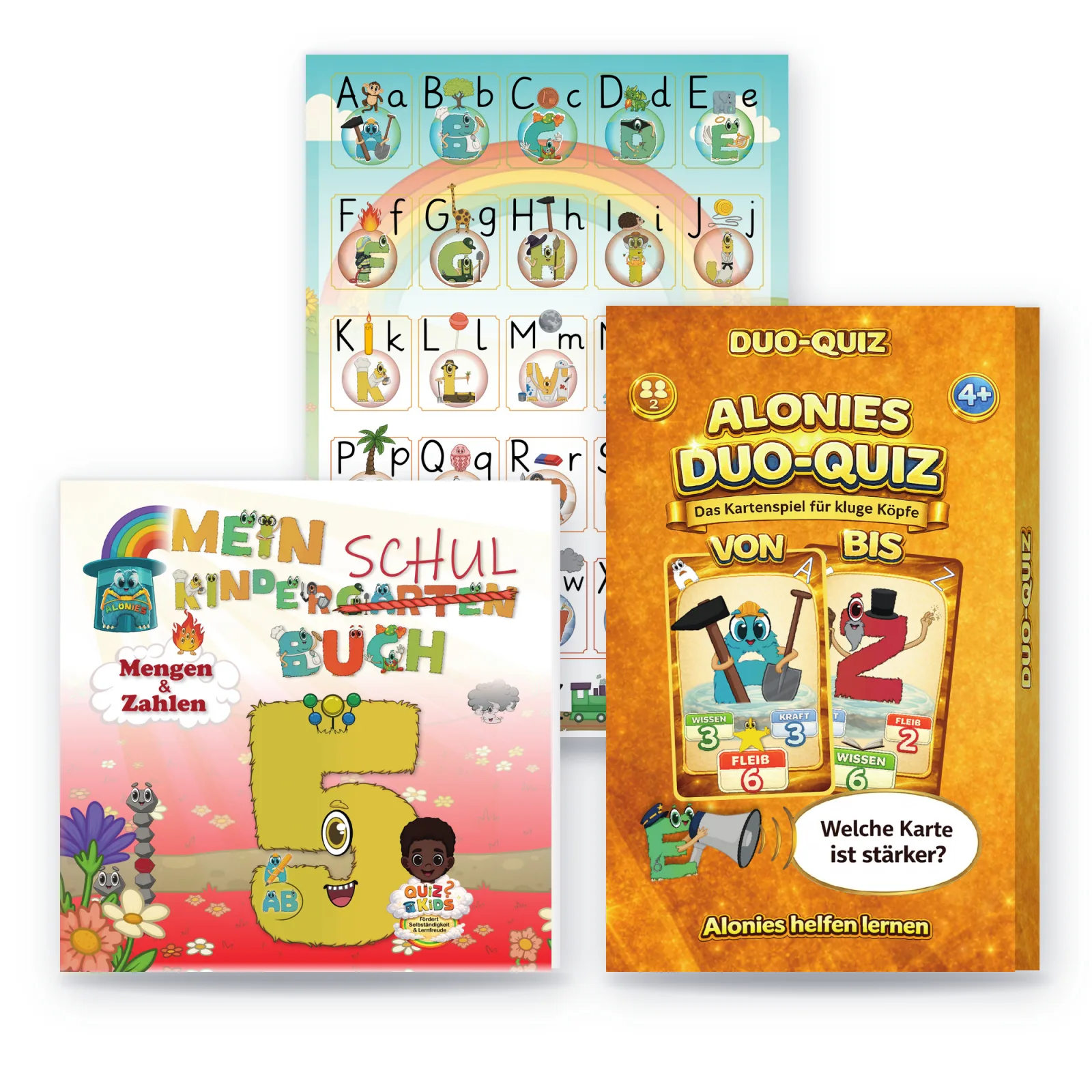 Alonies Lernwelt: QuizKids-Buch mit der 5, Kartenspiel Duo-Quiz und Buchstabenplakat A bis Z – Lernpaket ab 4 Jahren, um selbstständig und spielerisch zu lernen.