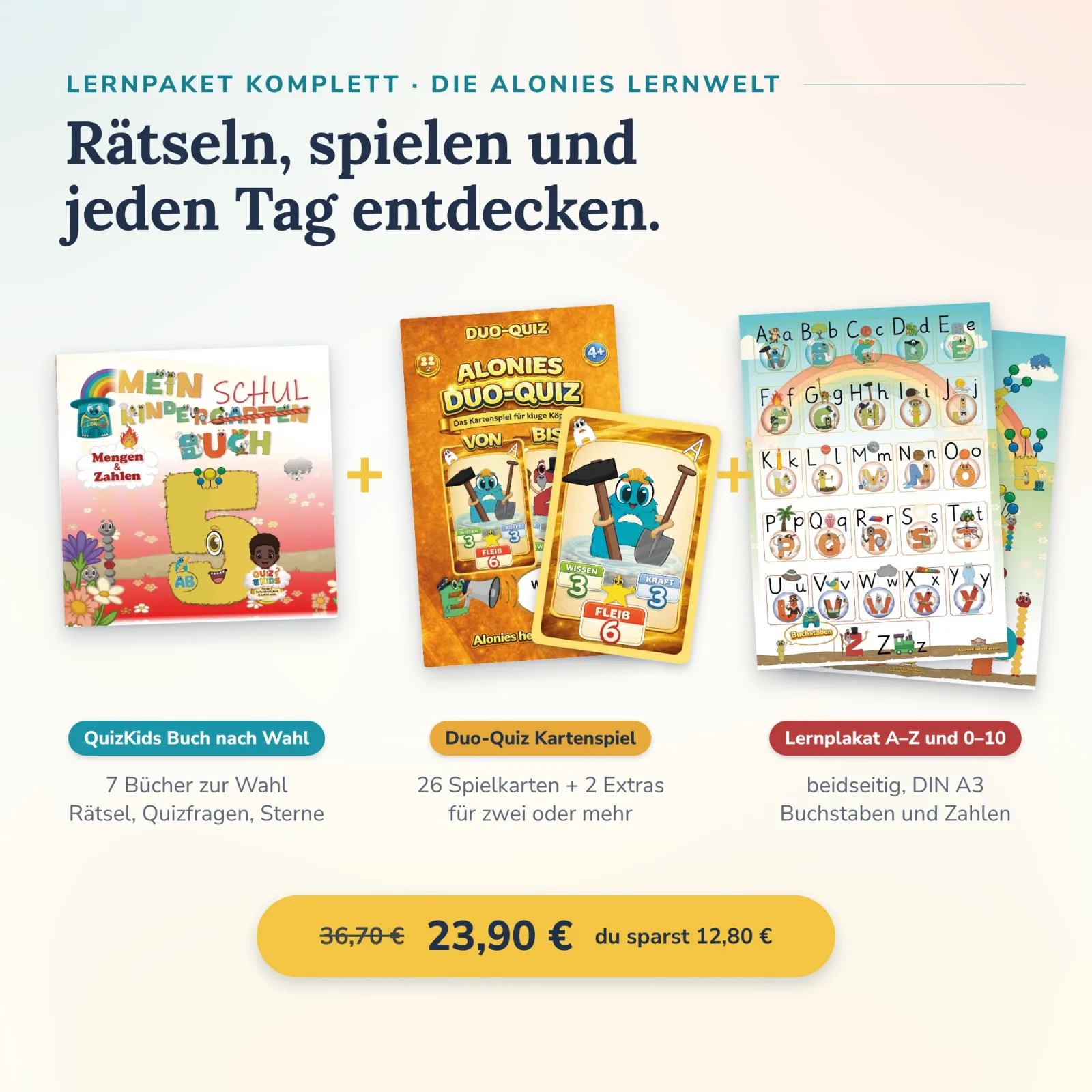Rätseln, spielen, entdecken: QuizKids-Buch, Duo-Quiz mit 28 Karten und beidseitiges Lernplakat A–Z und 0–10 in DIN A3. Selbständig lernen mit der Alonies Lernwelt.