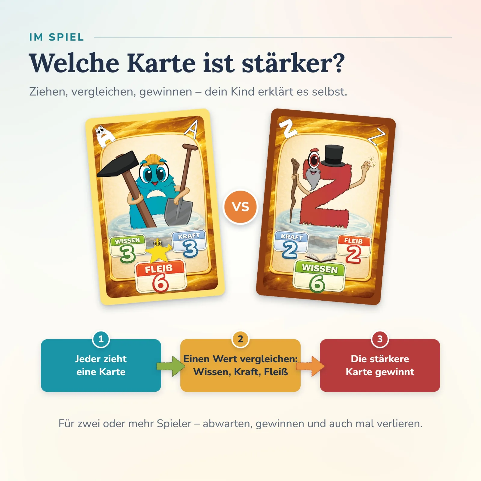 Kartenduell im Duo-Quiz der Alonies Lernwelt: Jeder zieht eine Karte, ein Wert wird verglichen, die stärkere gewinnt – spielerisch und selbstständig für zwei oder mehr.
