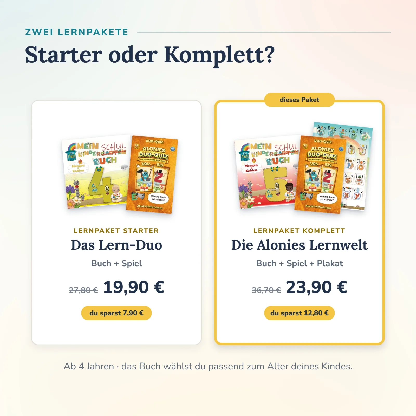 Starter oder Komplett: Die Alonies Lernwelt mit Buch, Spiel und Plakat ist markiert, links das QuizKids Lern-Duo – Buch passend zum Alter für selbständiges Lernen.