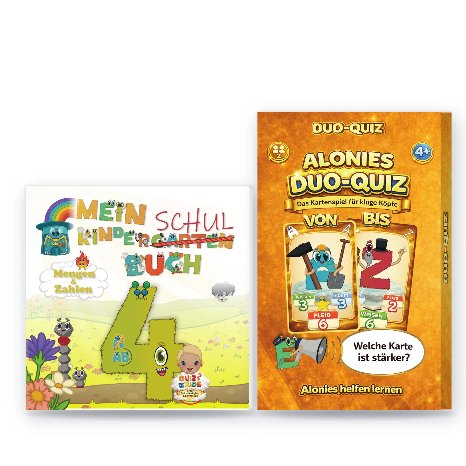 QuizKids Lern-Duo von Alonies: Schul-Kindergarten-Buch mit der 4 neben der Schachtel Duo-Quiz – Buch und Kartenspiel ab 4 Jahren für selbstständiges Lernen.