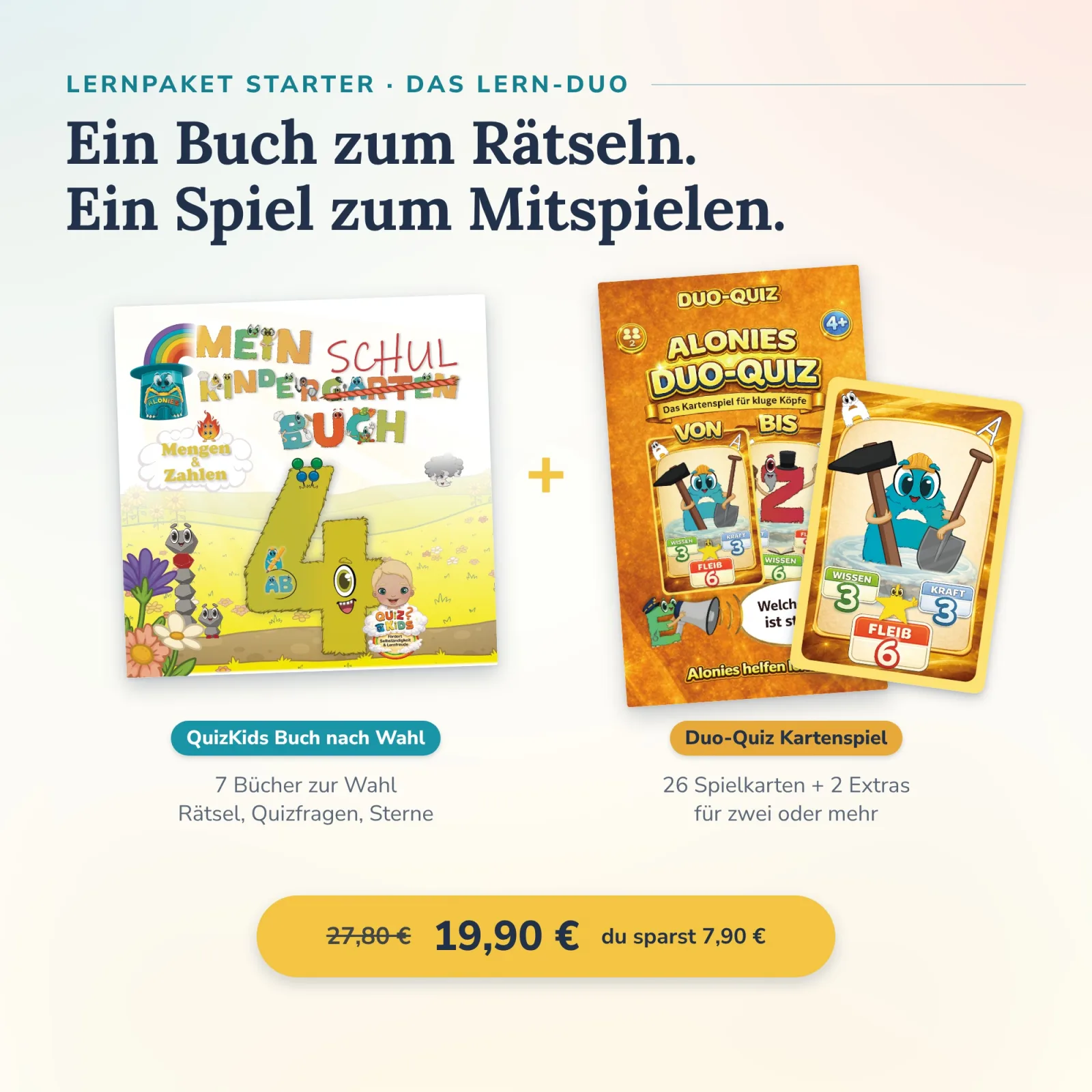Ein Buch zum Rätseln, ein Spiel zum Mitspielen: QuizKids-Buch Mengen & Zahlen plus Alonies Duo-Quiz mit 26 Spielkarten und 2 Extras. Selbständig rätseln im Lern-Duo.