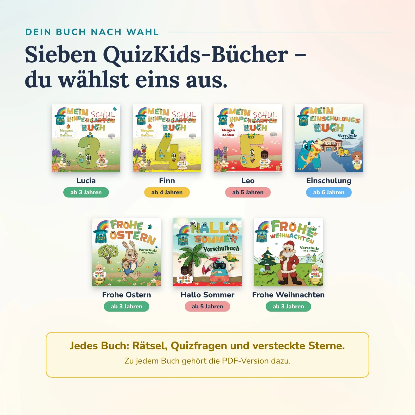 Sieben Bücher zur Wahl im QuizKids Lern-Duo von Alonies: Lucia, Finn, Leo, Einschulung, Frohe Ostern, Hallo Sommer, Frohe Weihnachten – je mit PDF, selbstständig lösbar.
