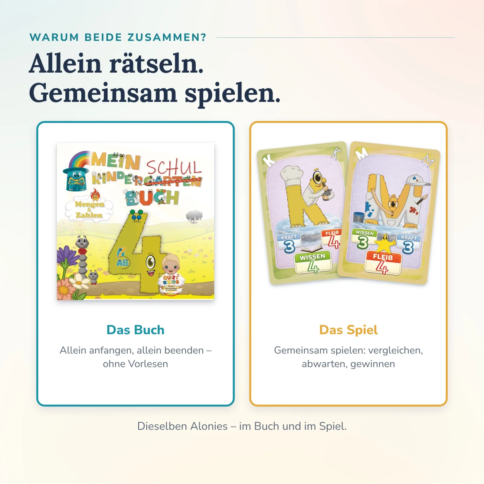 Allein rätseln, gemeinsam spielen: das Buch ohne Vorlesen selbstständig lösen, im Duo-Quiz K- und M-Karte vergleichen. Dieselben Alonies im QuizKids Lern-Duo.