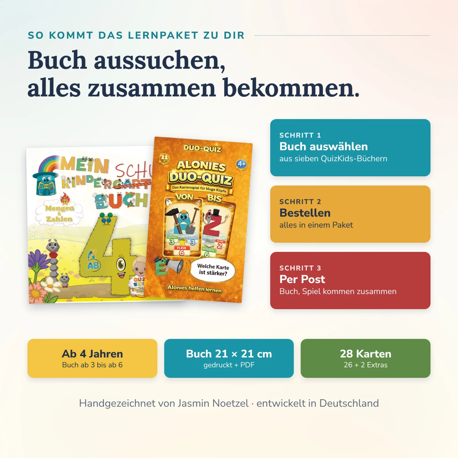 Buch aussuchen, bestellen, per Post erhalten: QuizKids-Buch 21 × 21 cm plus PDF und 28 Duo-Quiz-Karten im QuizKids Lern-Duo von Alonies – selbstständig ab 4 Jahren.