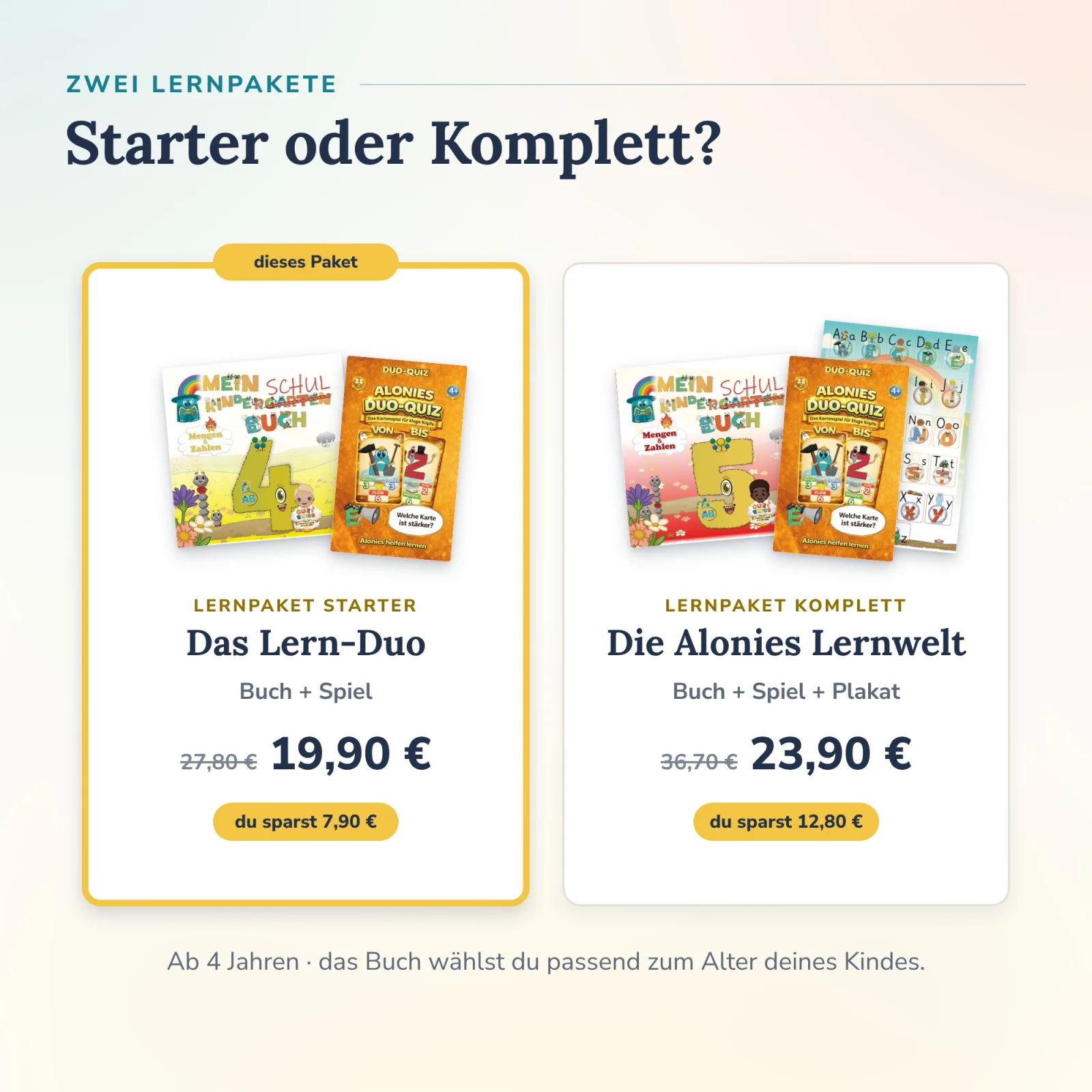 Zwei Alonies Lernpakete im Vergleich: QuizKids Lern-Duo mit Buch und Spiel markiert, daneben die Alonies Lernwelt mit Plakat – selbständig lernen ab 4 Jahren.