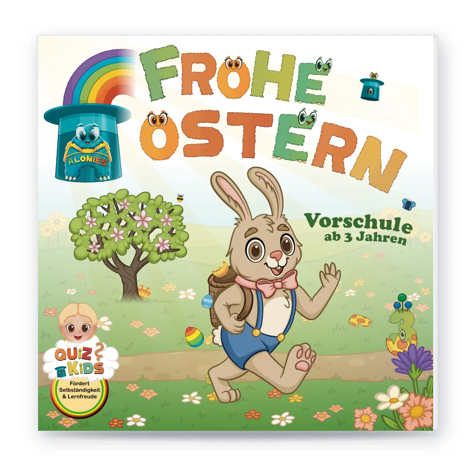 Cover QuizKids Frohe Ostern von Alonies: Osterhase mit Korb auf der Frühlingswiese, Vorschule ab 3 Jahren – Osterbuch für selbstständiges Lernen.