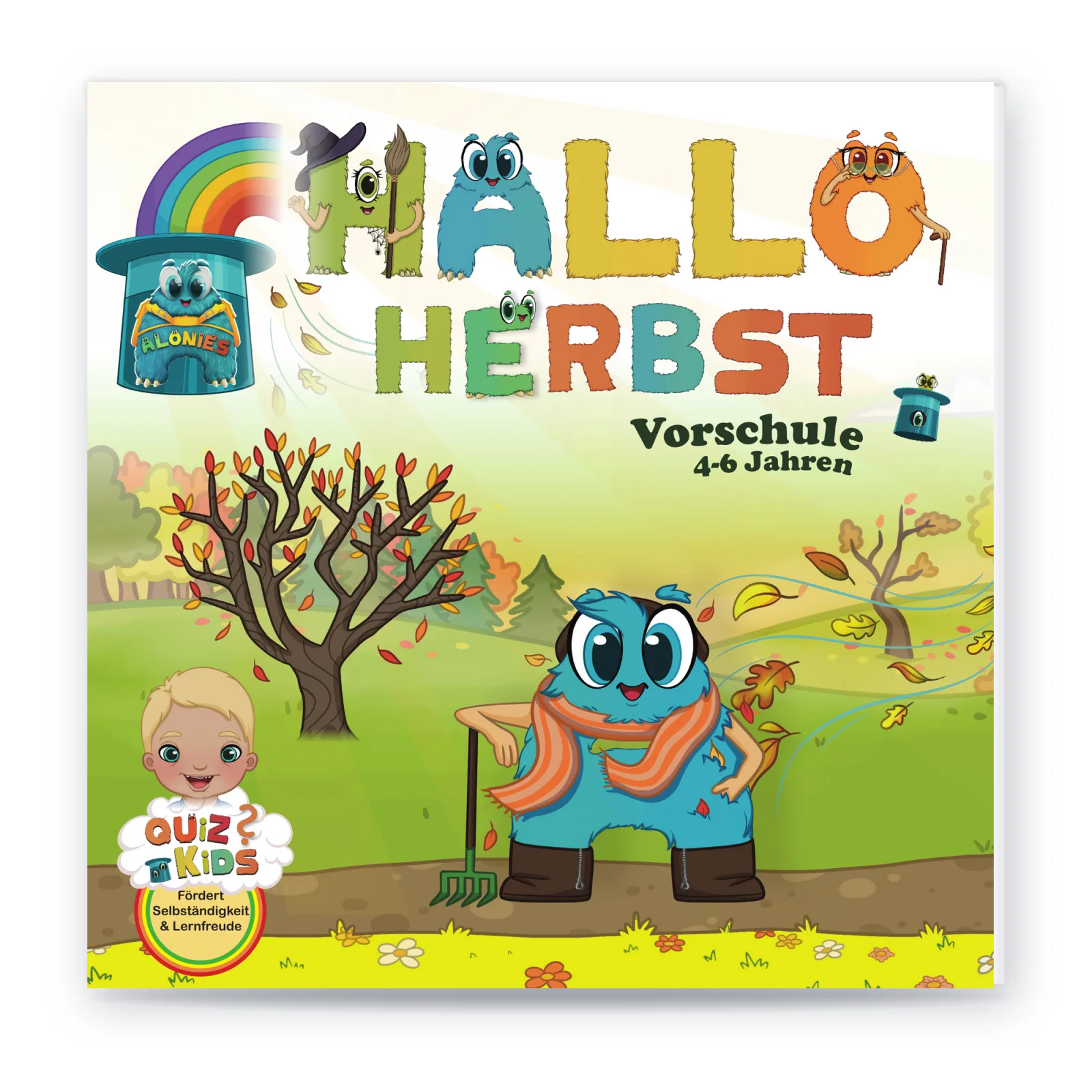 Cover QuizKids Hallo Herbst von Alonies: blauer Aloni mit Schal und Harke zwischen Herbstbäumen, Vorschule 4–6 Jahre, für selbstständiges Lernen.