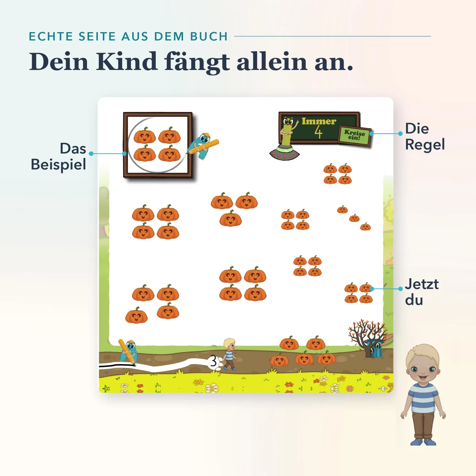 Seite aus QuizKids Hallo Herbst: Immer 4 Kürbisse einkreisen – Regel und Beispiel zeigen den Weg, Finn startet selbstständig. Mengen erfassen mit Alonies.